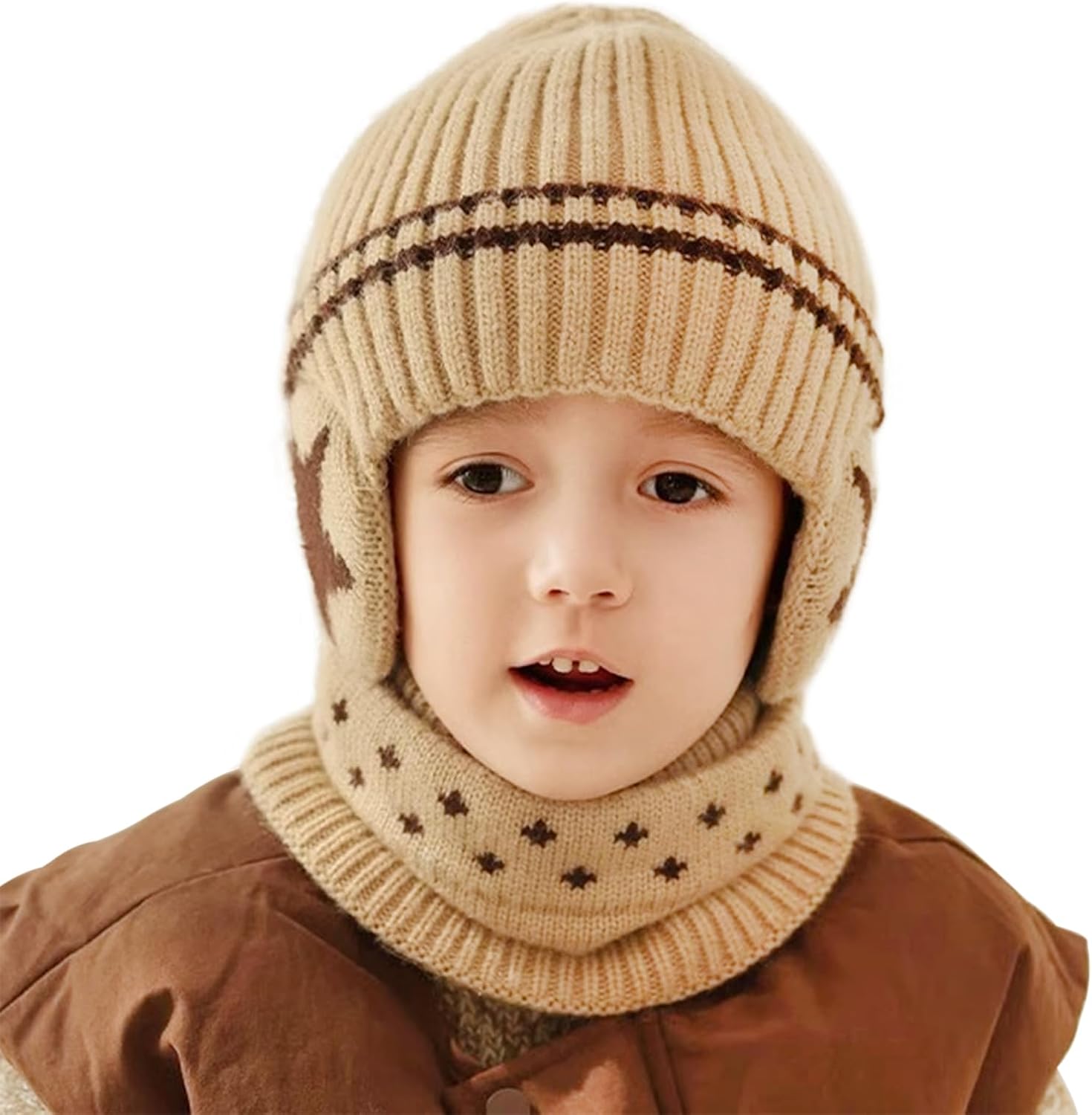 3 in 1 Kids Winter Hat and Scarf Set Stars Print Boys Girls Knit Beanie Cap and Neck Warmer with Ear Covers