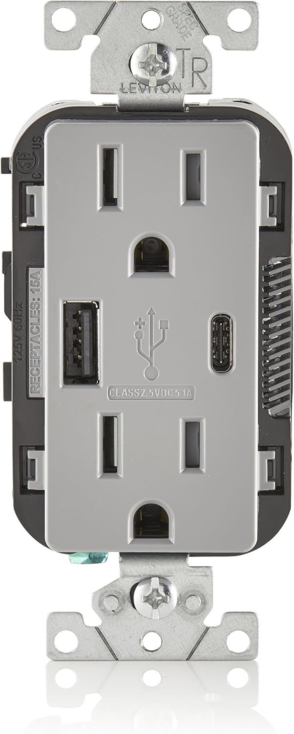 Leviton T5633-GY 15-Amp Type A & Type-C USB Charger/Tamper Resistant Outlet, Not for Laptops, Gray with Screwless Wallplates, 2-Pack