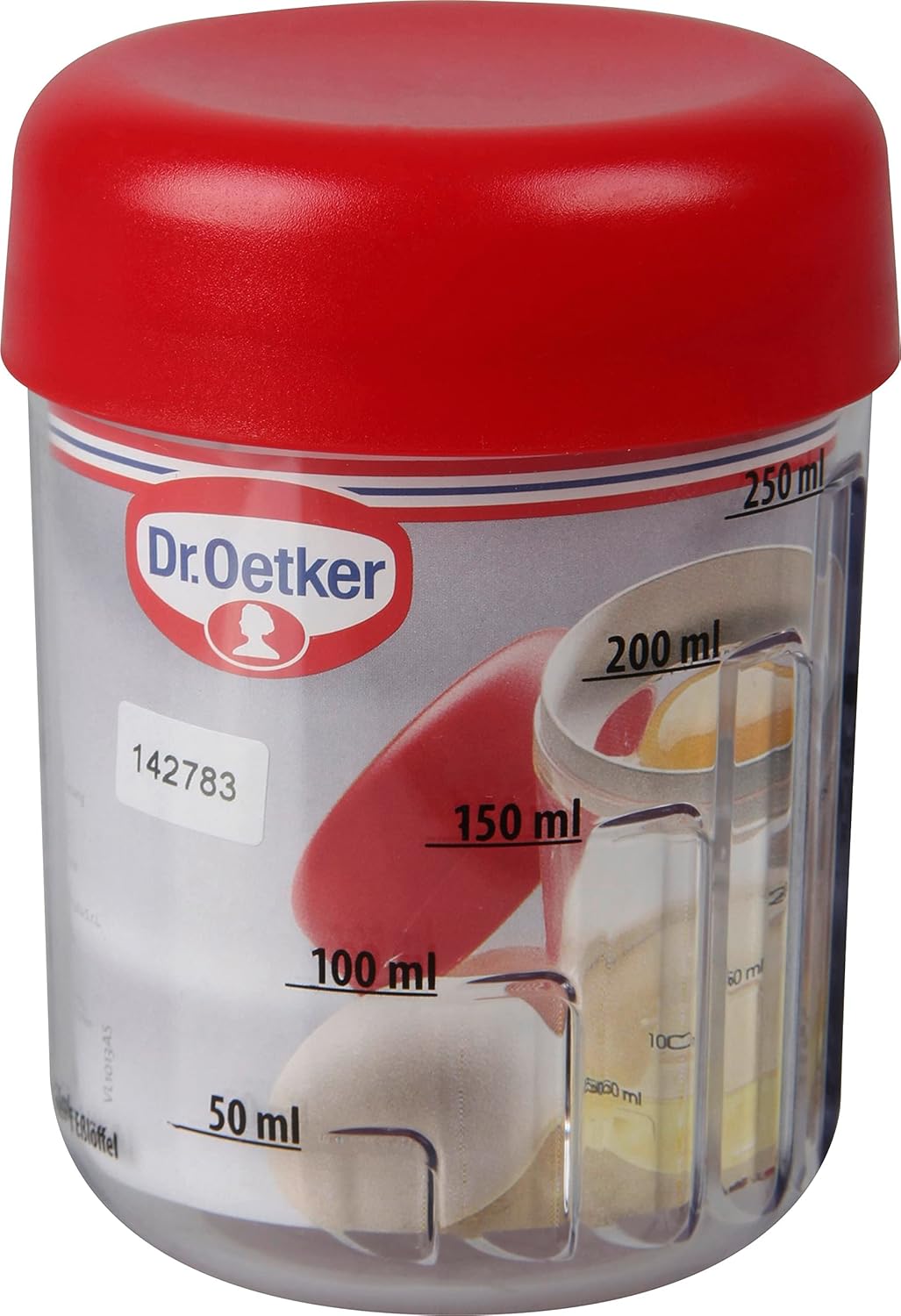 Dr.Oetker Mix and Measuring Jug with Egg Separator, Plastic, Transparent/Red, 250 ml