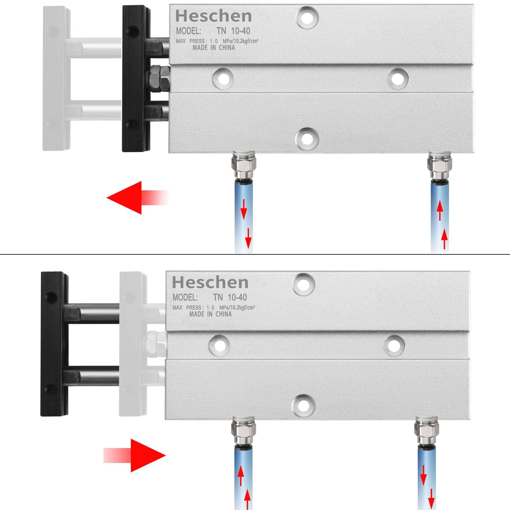 Heschen Cilindro neumático de doble acción TN10-10, orificio 10 mm, aluminio, doble varilla, con imán, carrera 40 mm