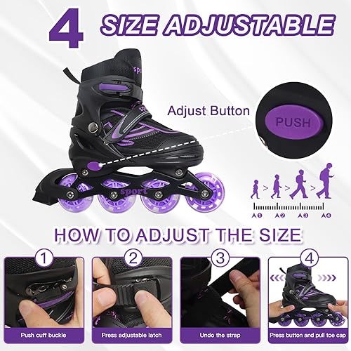 Miniatura 3 de Patines en línea para niñas de 6 a 12 años, cuchillas ajustables de 4 tamaños para niñas y niños, jóvenes y adolescentes, principiantes con ruedas