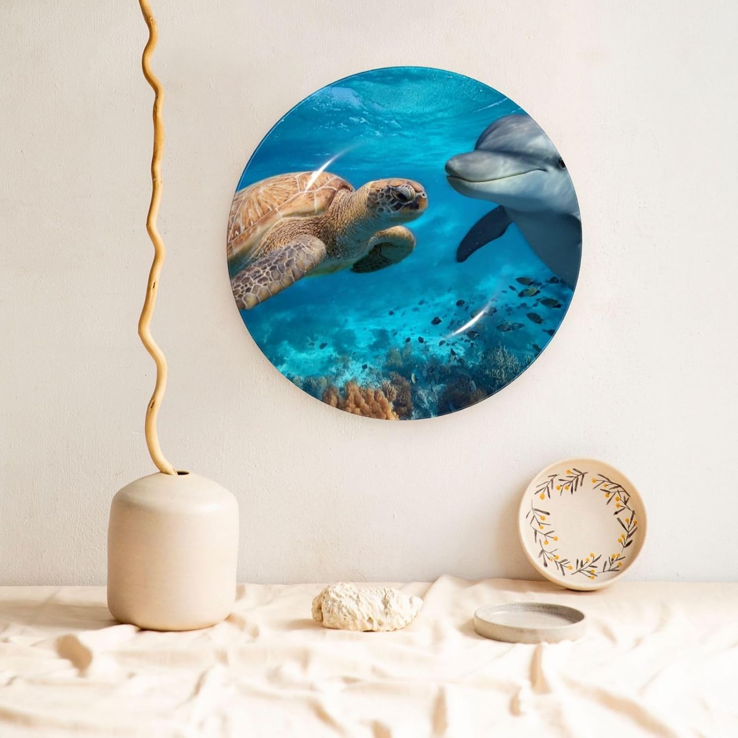 Bone China Decorative Plate with Display Sea Turtle Dolphin Fish Ceramic Plates Crafts Art Decor Dessert Plate Ceramic Ornament Porcelain Plates for Living Room Kitchen Table Home Decor