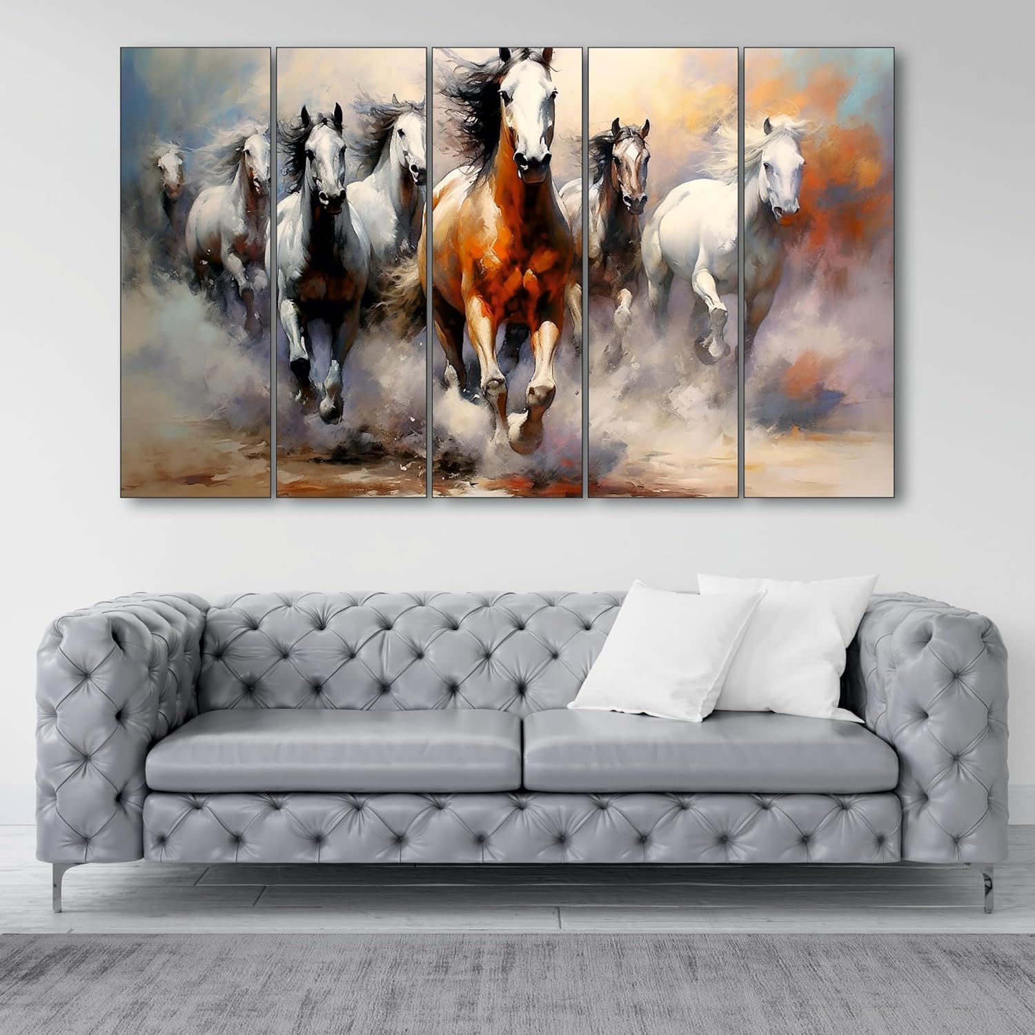 KYARA ARTS-7 running horses 3d vastu frame painting Set of 5 Big Size (30x48) Multiple Frames Wall Art Painting for living room,Bedroom,-Wooden Framed-Digital Painting