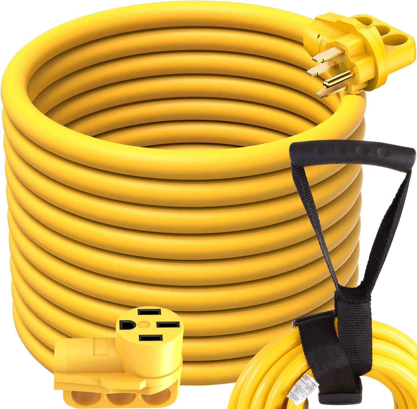 Journeyman-Pro 50A RV Power Extension Cord (Safety Yellow), Black Grip Handle w/Power Indicator - 15, 25, 50 Feet Length Compatible with 125/250V - 50 AMP EV Charging, 14-50P/R, ETL Listed (50 Feet)