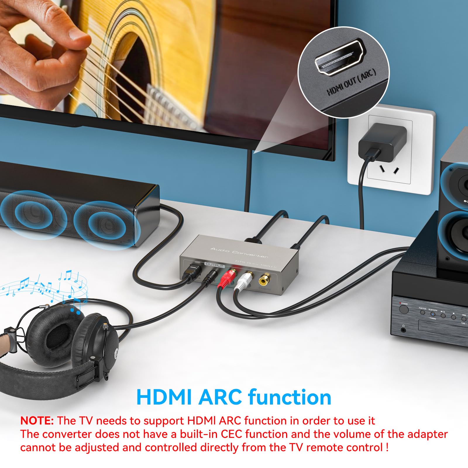 Convertisseur audio HDMI ARC vers RCA 3 en 1 convertisseur audio numérique vers analogique avec entrée optique coaxial ARC Toslink Coaxiale RCA Sortie AUX Prend en charge Dolby DTS LPCM pour