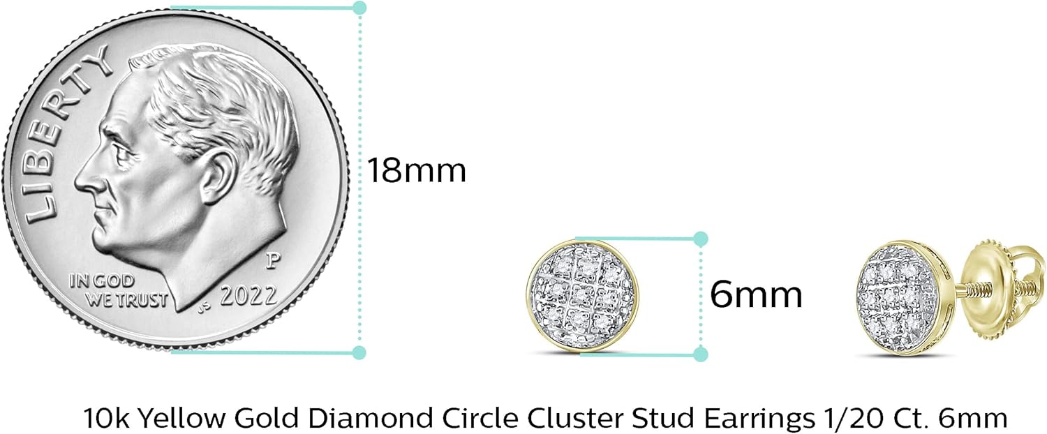 Solid 10k Yellow Gold Round Diamond Circle Cluster Stud Earrings 1/20 Ct. ( 1/4 Inch ) - Jewelry Gifts For Women Wife Mom Gifts For Men Husband Dad