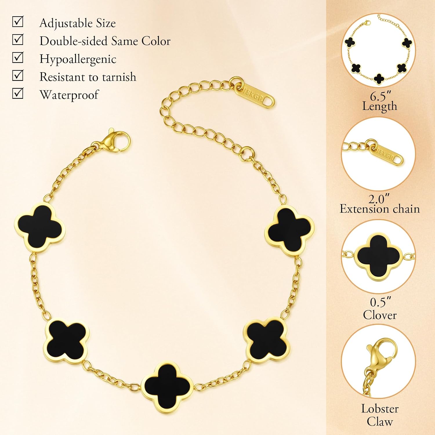 Gold Four Leaf Clover Bracelet for Women,Lucky Bracelet | 18K Gold-Plated Titanium Steel, Double-Sided Same Color, Fashion Jewelry Gift for women,Exquisite Packaging Box