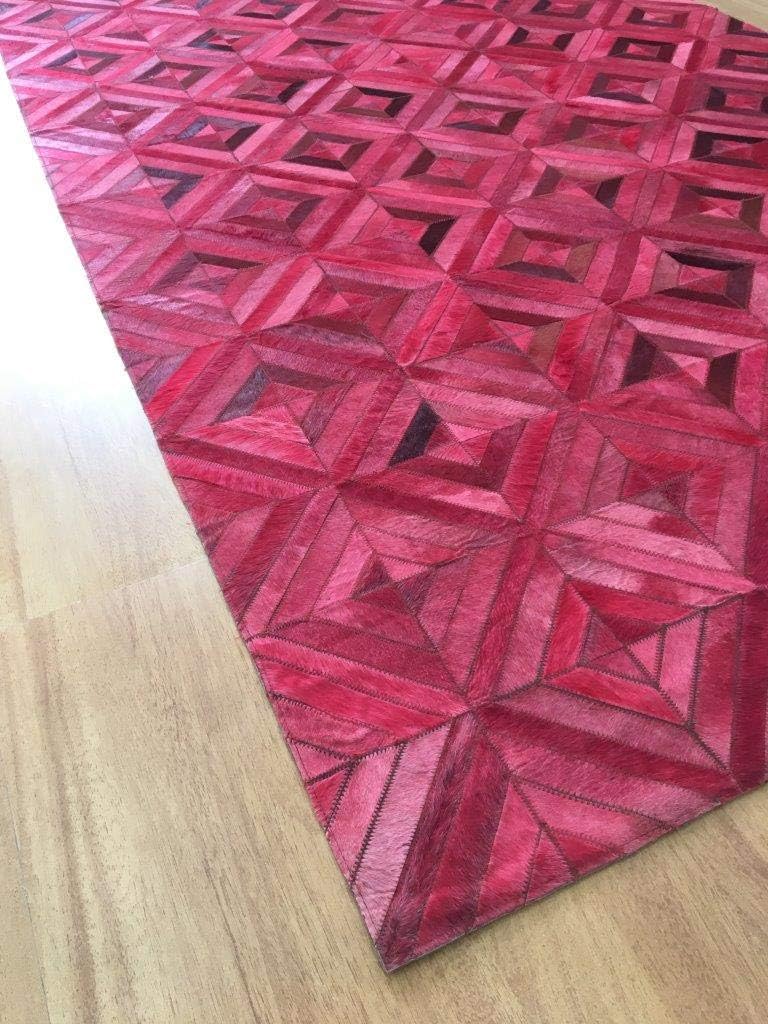 Leather Area Rug Patchwork Moroccan Style in Various Sizes from Cow Hide Dyed in Hot Pink | Luxury Carpet for Indoor use (4 x 6)