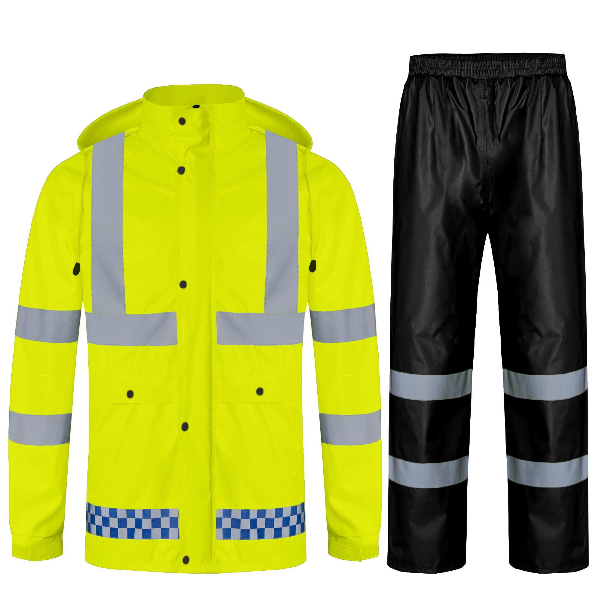 Homme 2 Pièces Réfléchissante Combinaison de Pluie Imperméable à Capuche Léger Veste de Randonnée Ensemble Veste et Pantalon de Pluie Extérieur
