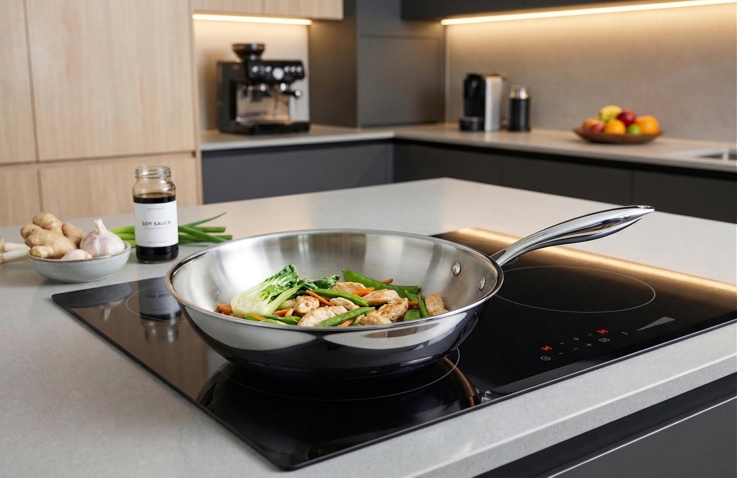 Wok Inox 18/10 Triply – 20 cm – Senza Rivestimento – Senza PFAS, PFOA, PTFE – Compatibile con tutti i fornelli a induzione – Manico rivettato freddo – Cottura sana e durevole