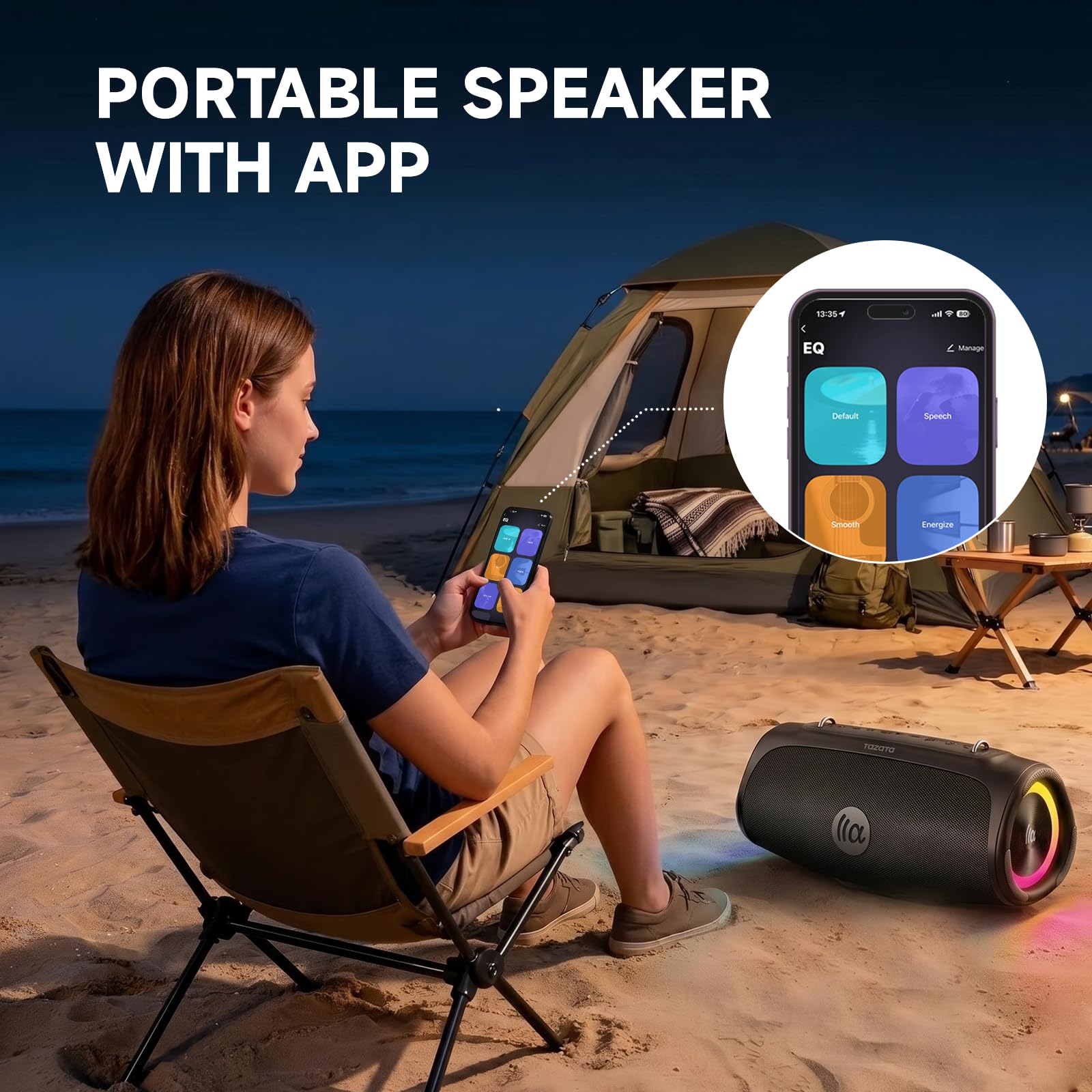 TAZATA Altoparlante Bluetooth portatile per esterni, subwoofer da 90 W, 100 + accoppiamento altoparlanti, BassUp 2.0, impermeabile IPX7, galleggiante, Bluetooth 5.3, luci RGB, 6 equalizzatori