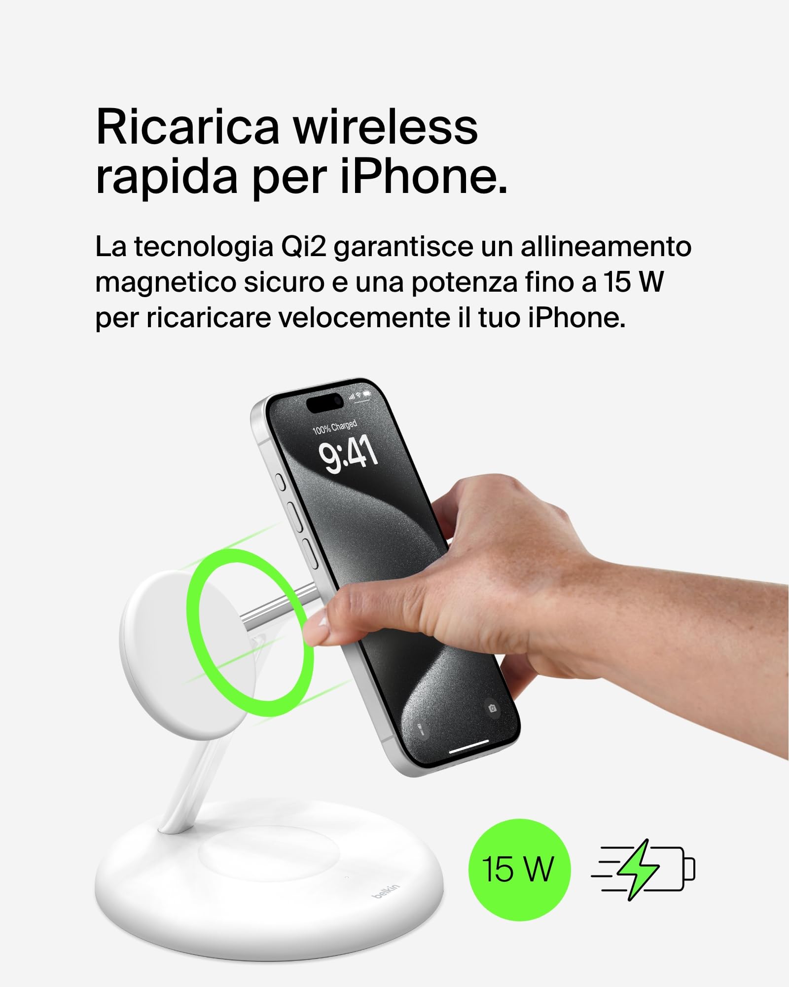Belkin Supporto di ricarica wireless magnetica 3 in 1 con Qi2 (15 W), compatibile con MagSafe, caricatore rapido per iPhone 16/15/14/13, AirPods, Apple Watch e altri (alimentatore incluso) - Bianco