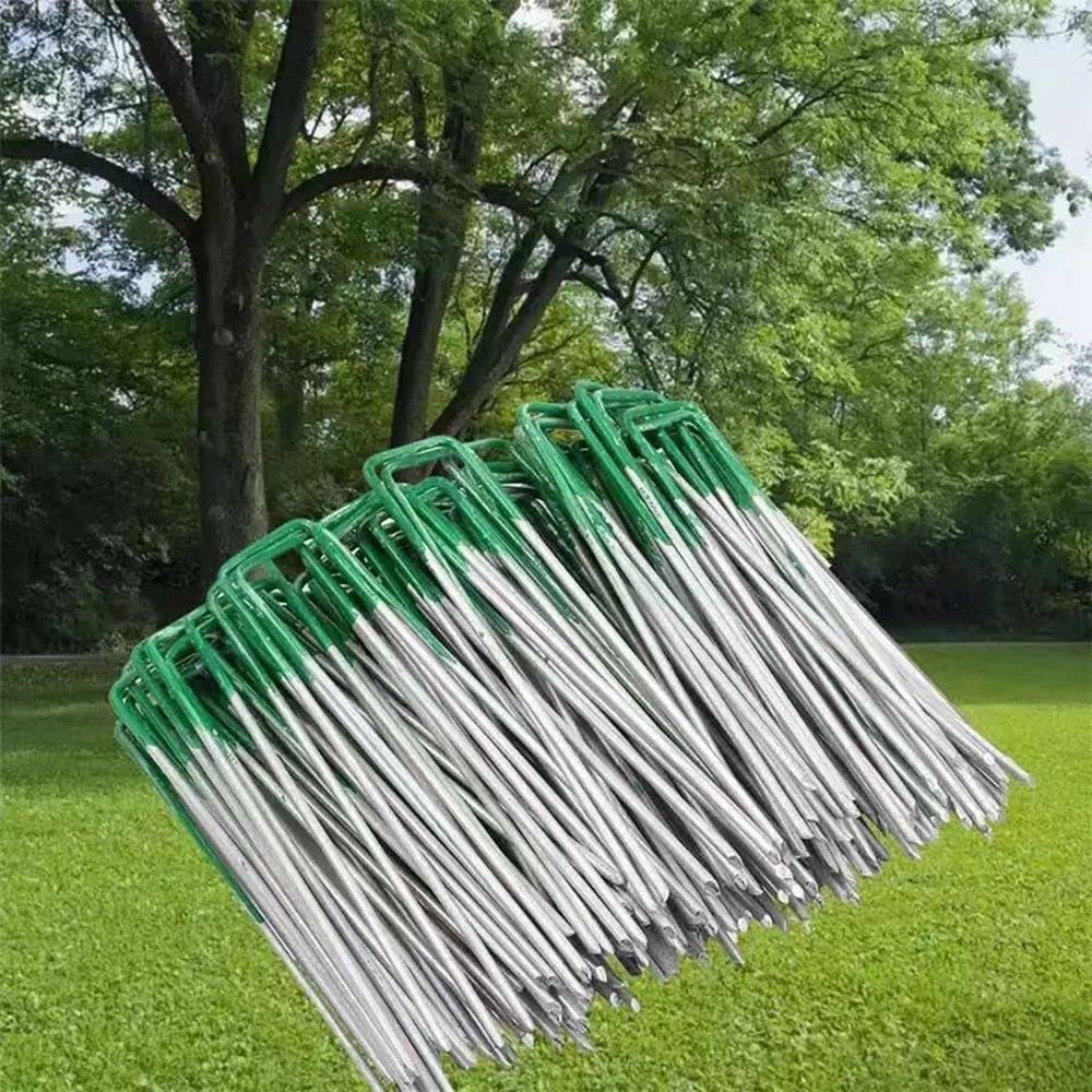 50 Pezzi di Chiodi da Giardino a Forma di U, Mezzo spruzzo, picchetti da Terra Verdi, picchetti di Fissaggio for Paesaggio, Rete for Prato, stuoie, Punte