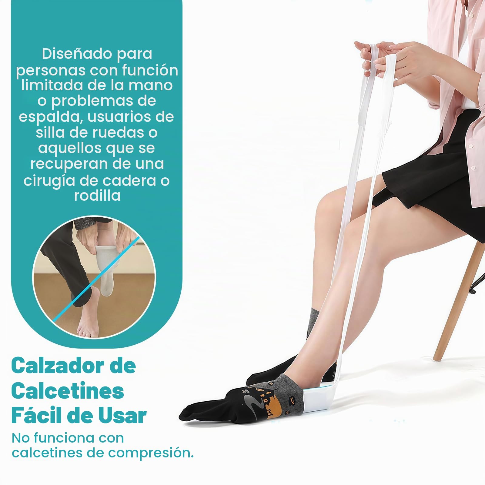 Anziehhilfe para calcetines, asistente de calcetines para fácil colocación sin agacharse, dispositivo con calzador ajustable y mango largo, rascador de espalda para ancianos, personas con