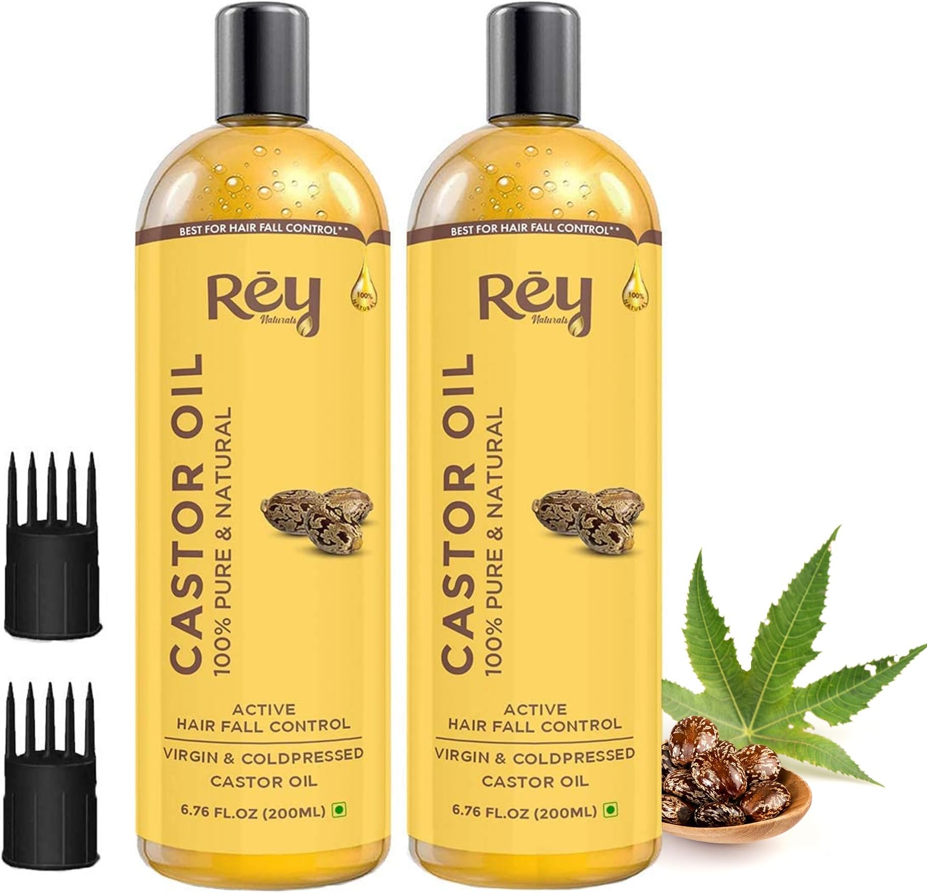 Rey Naturals Castor oil Cold Pressed | Arandi ka Tel original | Castor oil For Hair | Castor oil for Skin, Eyelashes | Hydrates Skin & Minimise Wrinkles | Suitable For All Hair Types | 200 ml x 2
