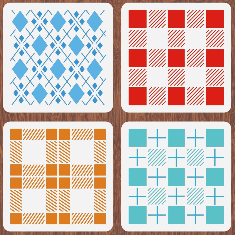 INFUNLY 4pcs Plaid Wall Stencils 5.9x5.9" Window Stencils Template Reusable Plaid Stencil for Painting Plaid Floor Stencils for Christmas Halloween Thanksgiving Decor Furniture Glass Wall Bedroom