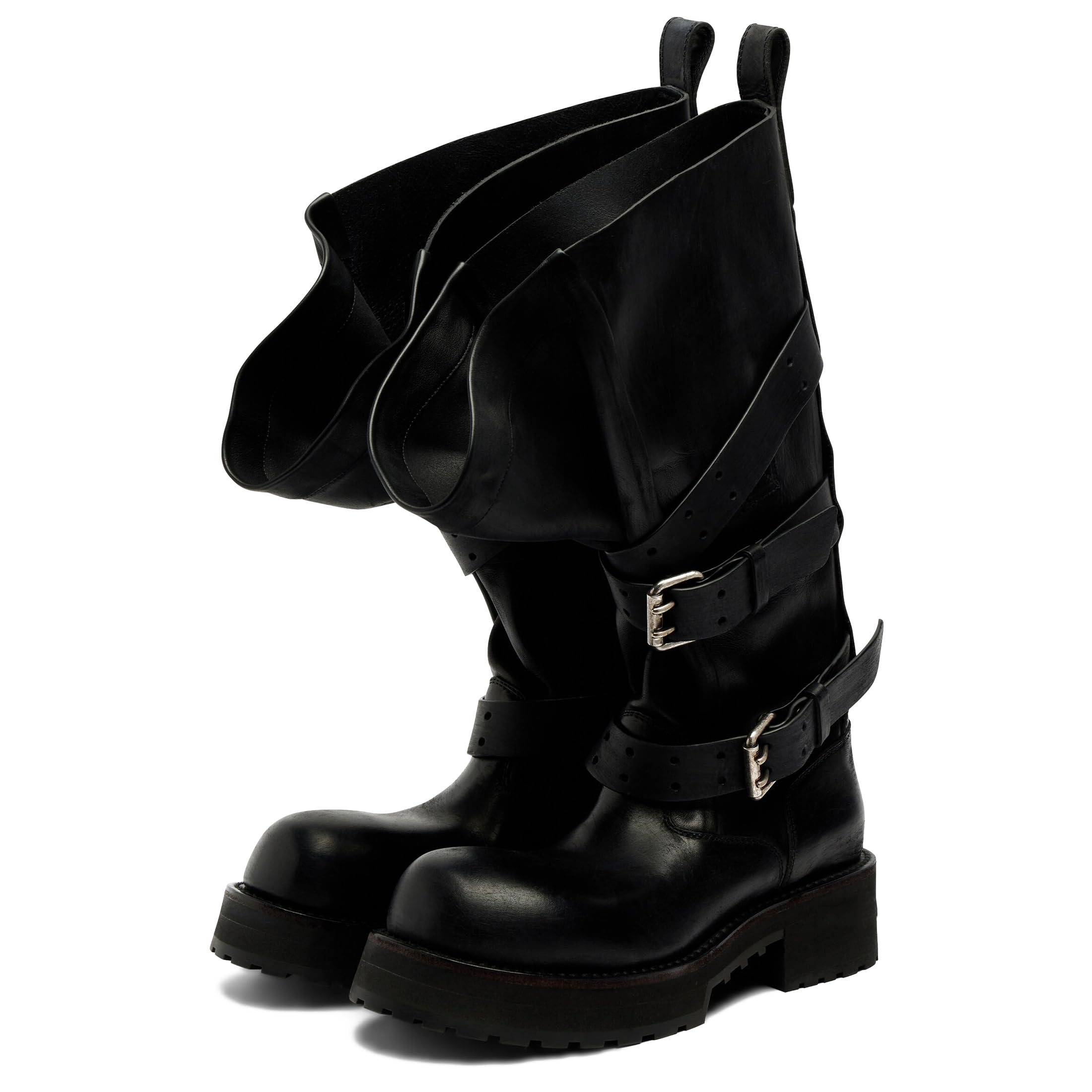 Womens Knee High Boots Slouch Buckle Biker Boots for Women Round Toe Platform Chunky Moto Boots Wide Calf