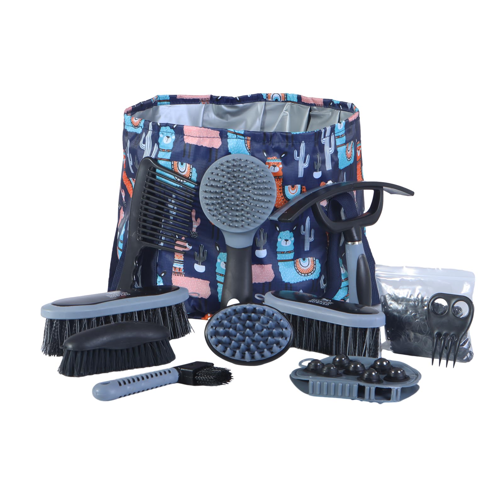 Harrison Howard Kit de aseo de caballos, 9 piezas, serie Equine Care, juegos de cepillos para caballos con bolsa organizadora, suministros de habitación, herramientas de masaje para aseo, color azul