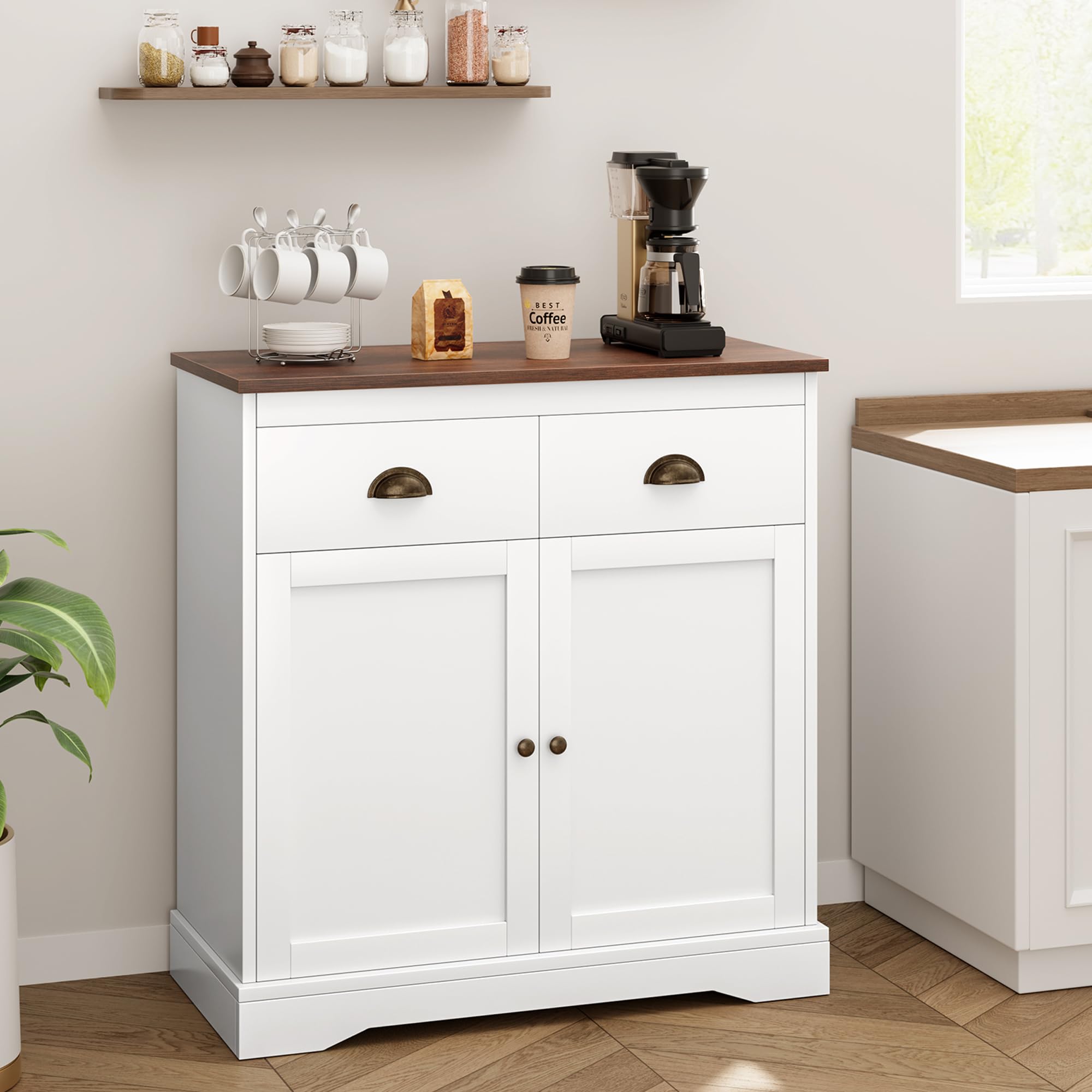 dainslef White Buffet Cabinet with Storage, Farmhouse Coffee Bar Cabinet with 2 Doors and 2 Drawers, Wooden Kitchen Sideboard with Adjustable Shelves
