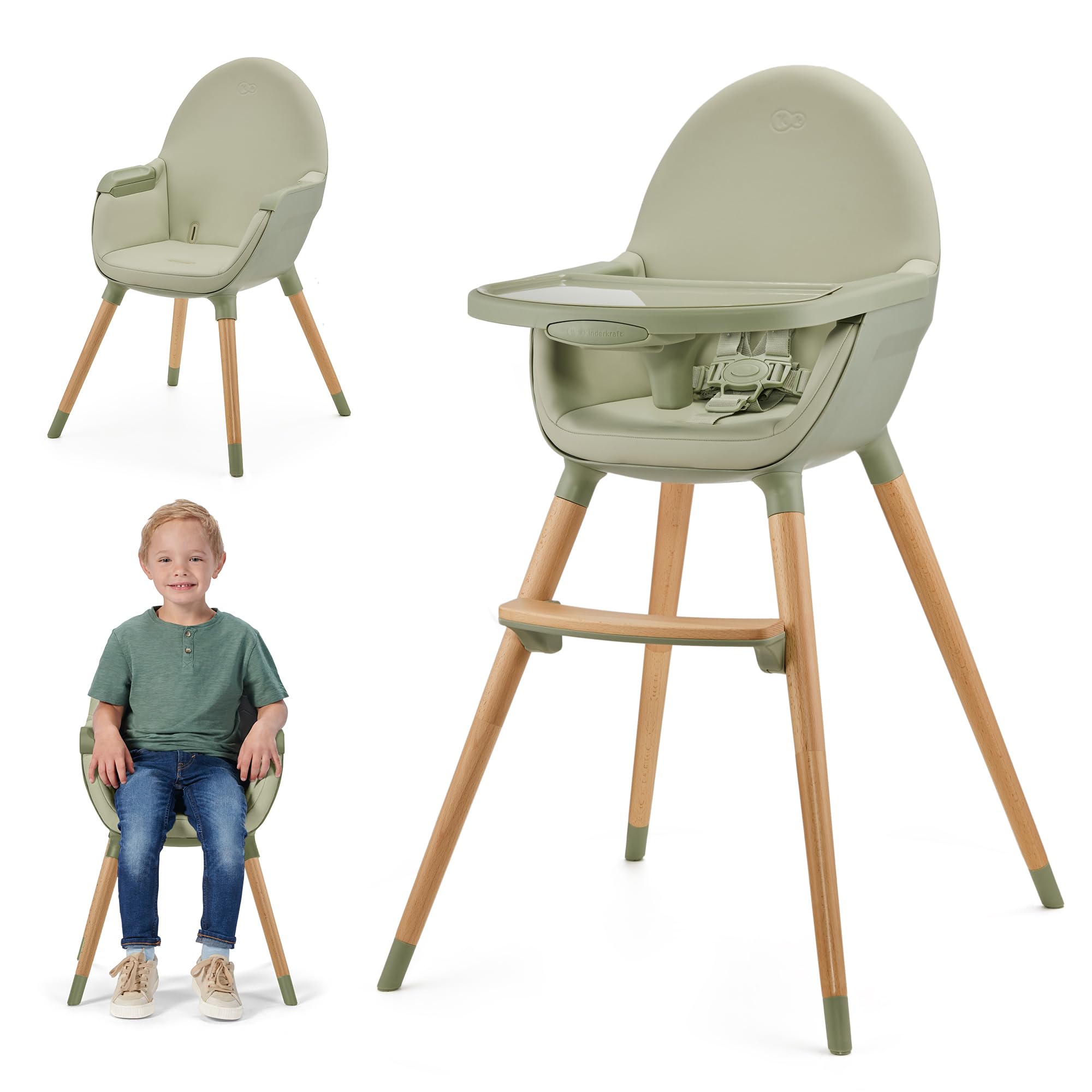 Kinderkraft FINI 2 Chaise Haute Bébé, 2 en 1, Fauteuil Enfant, Chaise Enfant, Puericulture Bébé, Évolutive, Réglable, Avec Plateau, Solide, Design Universel, Facilement lavable, 20kg, Vert