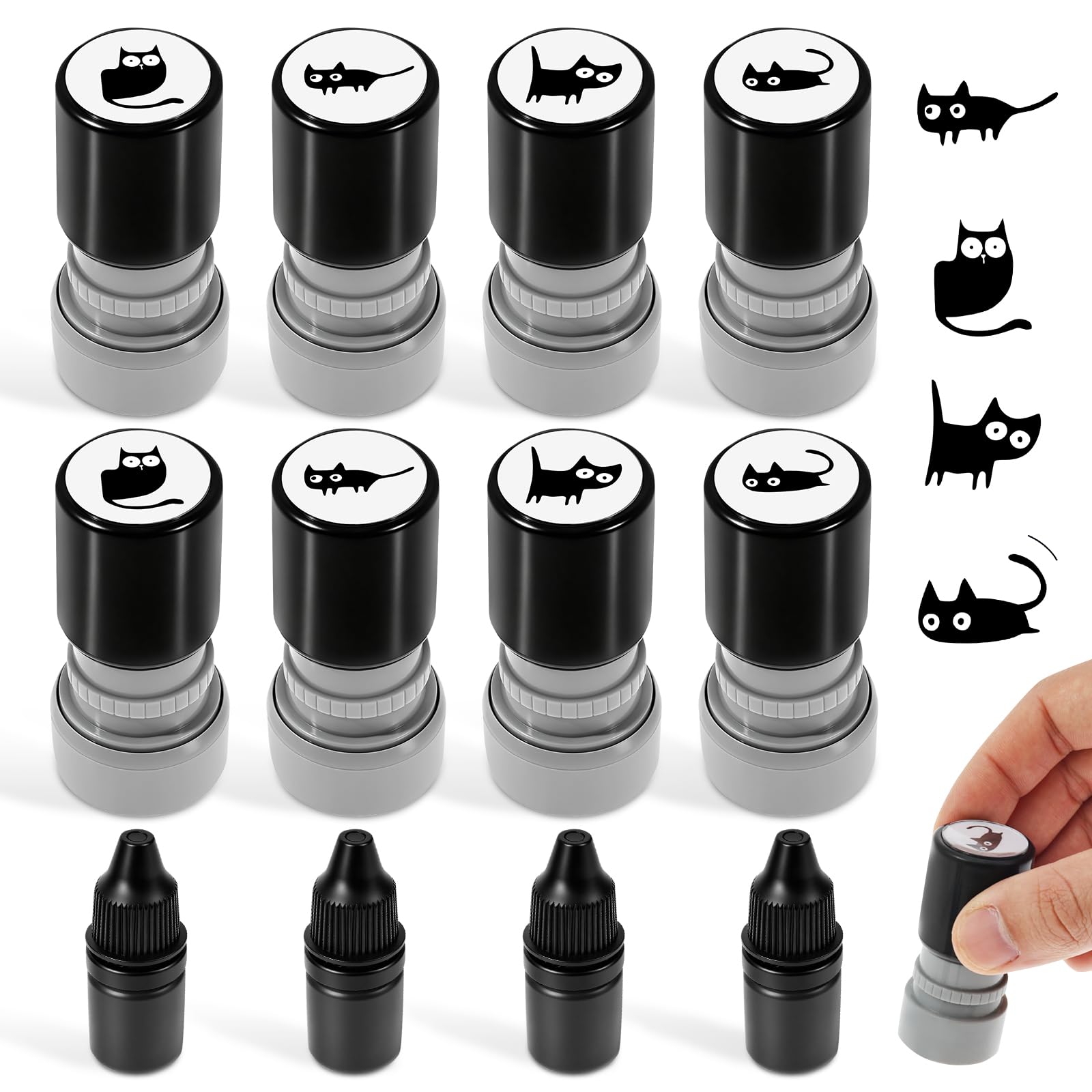 8Pcs Cat Pattern Self Inking Mini Kitten Stamp Set with 4 Ink Bottles for Scrapbooking, Cards, Teacher Rewards | Black Cat Decorative Stamps for DIY Crafts & Diaries(Black)