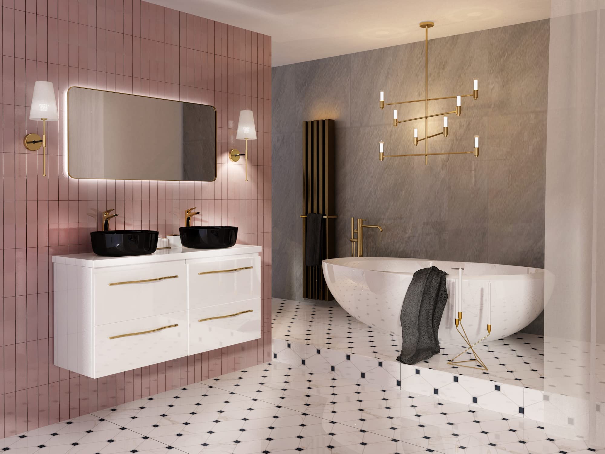 Aica Meuble Salle De Bain 120cm Blanc Brillant Avec 4 Tiroirs à Fermeture Automatique Et Double Lavabo