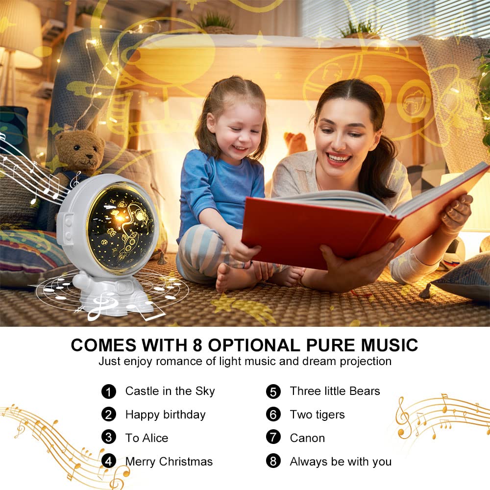 URAQT Luci di Proiezione dell'Astronauta, Rotazione a 360° di Proiettore Stelle Bambini, 8 Tipi di Musica Lampada di Proiezione Astronauta con Ricarica USB, Giocattolo e Regalo per Bambini e Neonati