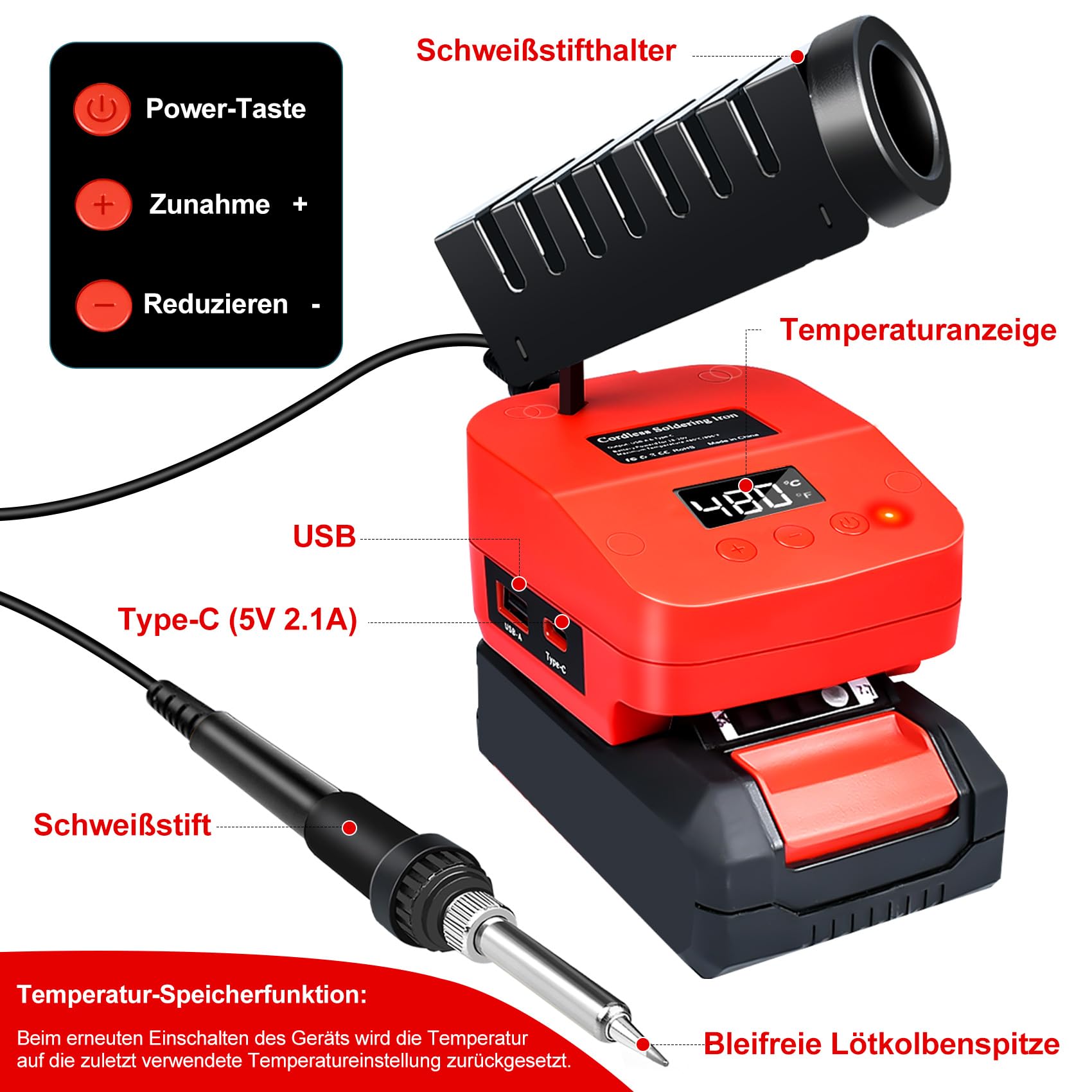 Akku Lötkolben Set kompatibel mit Power X-Change 18V Akku, Tragbarer Lötkolben mit USB und Typ-C, Einstellbarer Temperaturbereich 180℃–480℃ für Heimwerkerarbeiten, Elektroarbeiten (Ohne Akku)