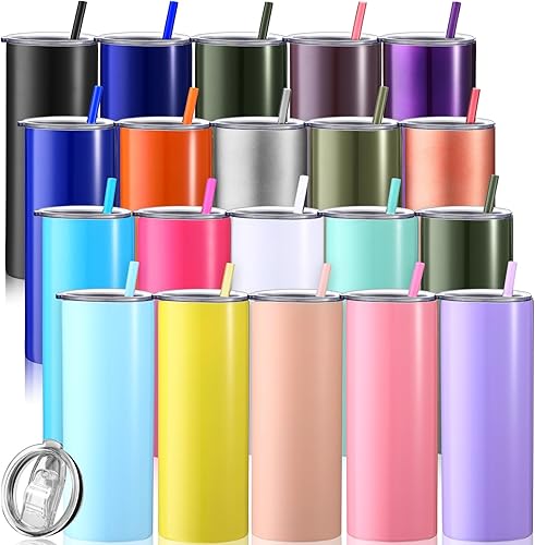 Paquete de 20 vasos delgados de acero inoxidable de 20 onzas con tapa y pajita, vaso de agua de doble pared aislado al vacío, vaso de viaje delgado