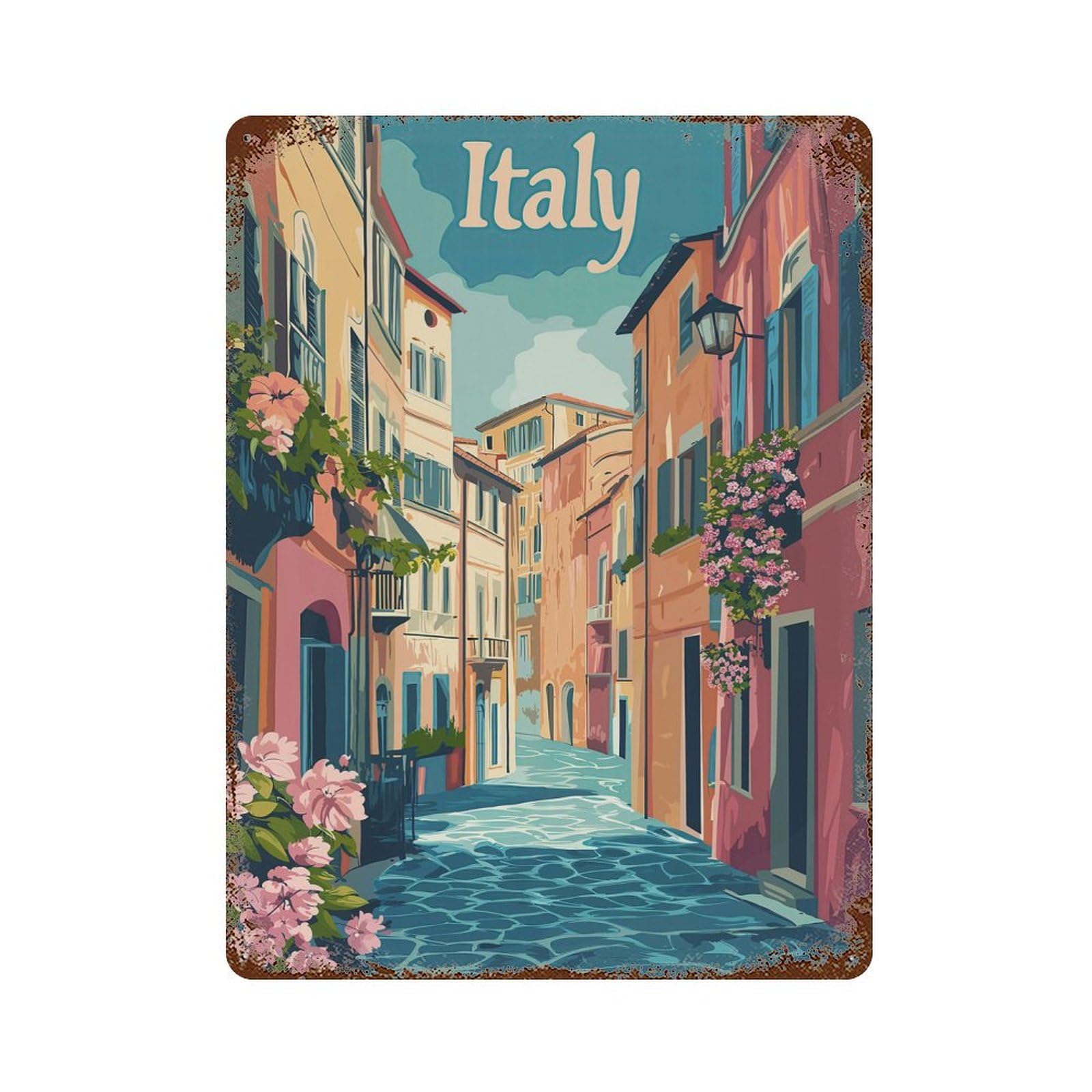 Garage Style Italy Street Scene Decorative Tin Sign 15.7"x11.8", Industrial Home Decor for Bar And Workshop