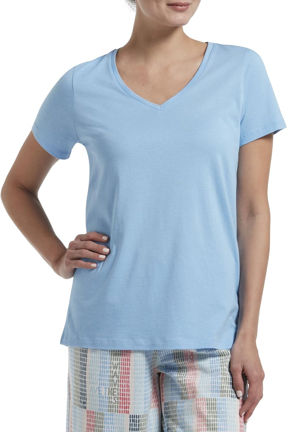 HUE Womens Sleepwell Basic Short Sleeve V-Neck T-Shirt for Lounging Or Sleeping, Made with Temperature Regulating Technology
