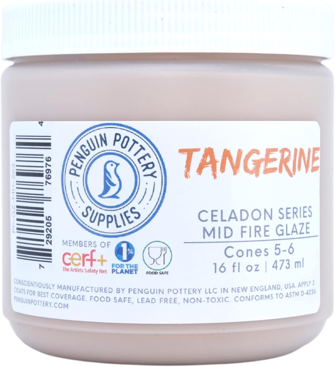 Penguin Pottery - Celadon Series - Tangerine - Mid Fire Glaze, High Fire Glaze, Cone 5-6 for Mid Fire Clay, High Fire Clay - Ceramic Glaze Pottery (1 Pint | 16 oz | 473 ml)