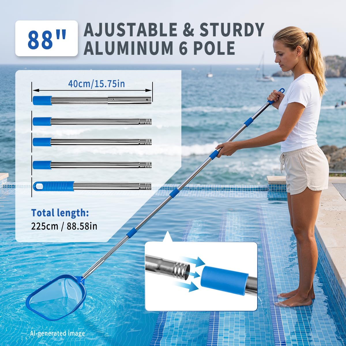 Kit per la pulizia della piscina, testa della spazzola da 42,9 cm e asta telescopica in alluminio da 224,8 cm con rete a rete fine, per piscine fuori terra e vasche idromassaggio