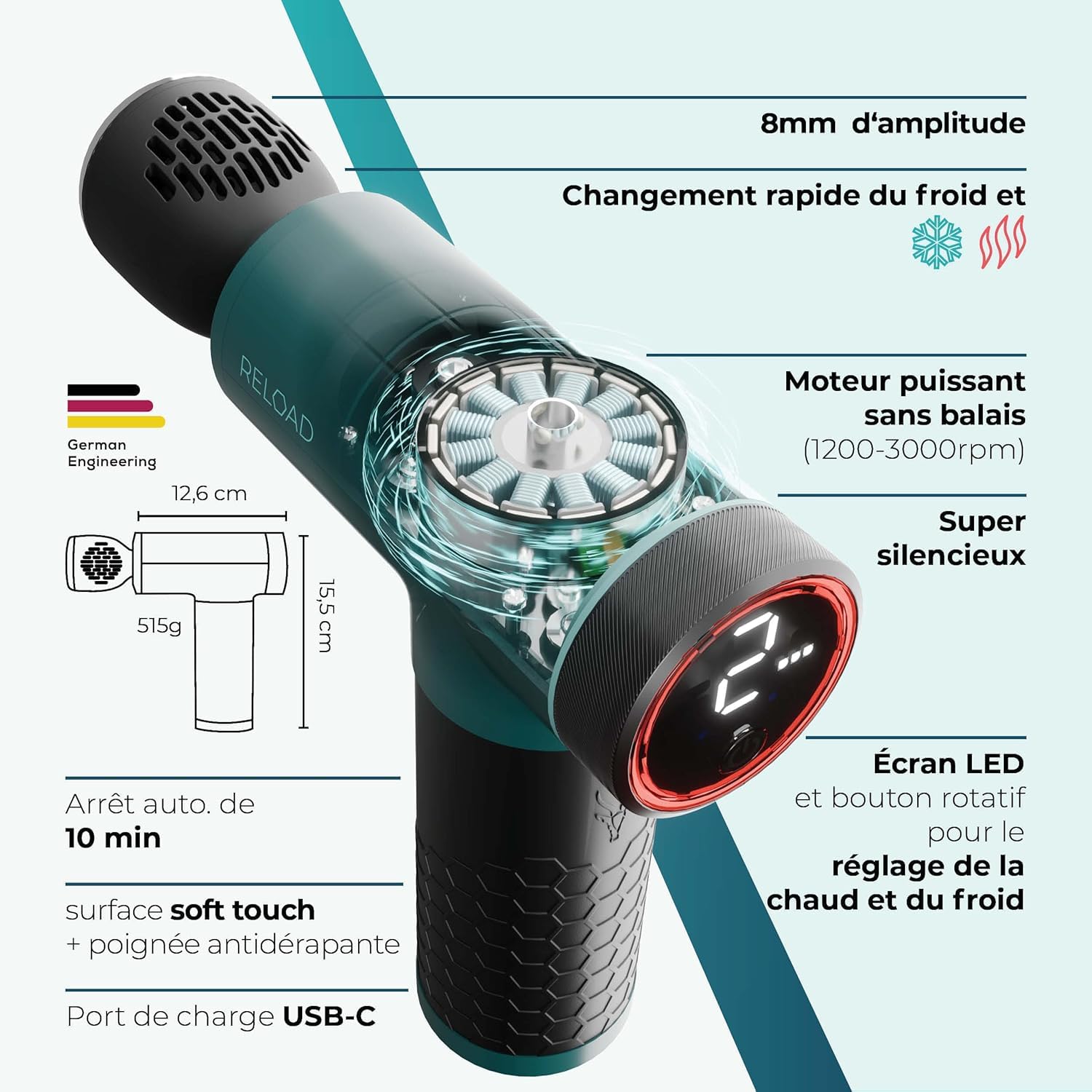 Antelope by Beurer RELOAD Massage Gun avec fonction chaleur & froid, appareil de massage musculaire pour points trigger, 5 têtes de massage, 5 niveaux d'intensité jusqu'à 3000 tr/min, sans fil
