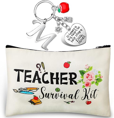 Juego de regalos de agradecimiento para profesores, kit de supervivencia para profesores, llavero con bolsa de maquillaje inicial para Navidad,