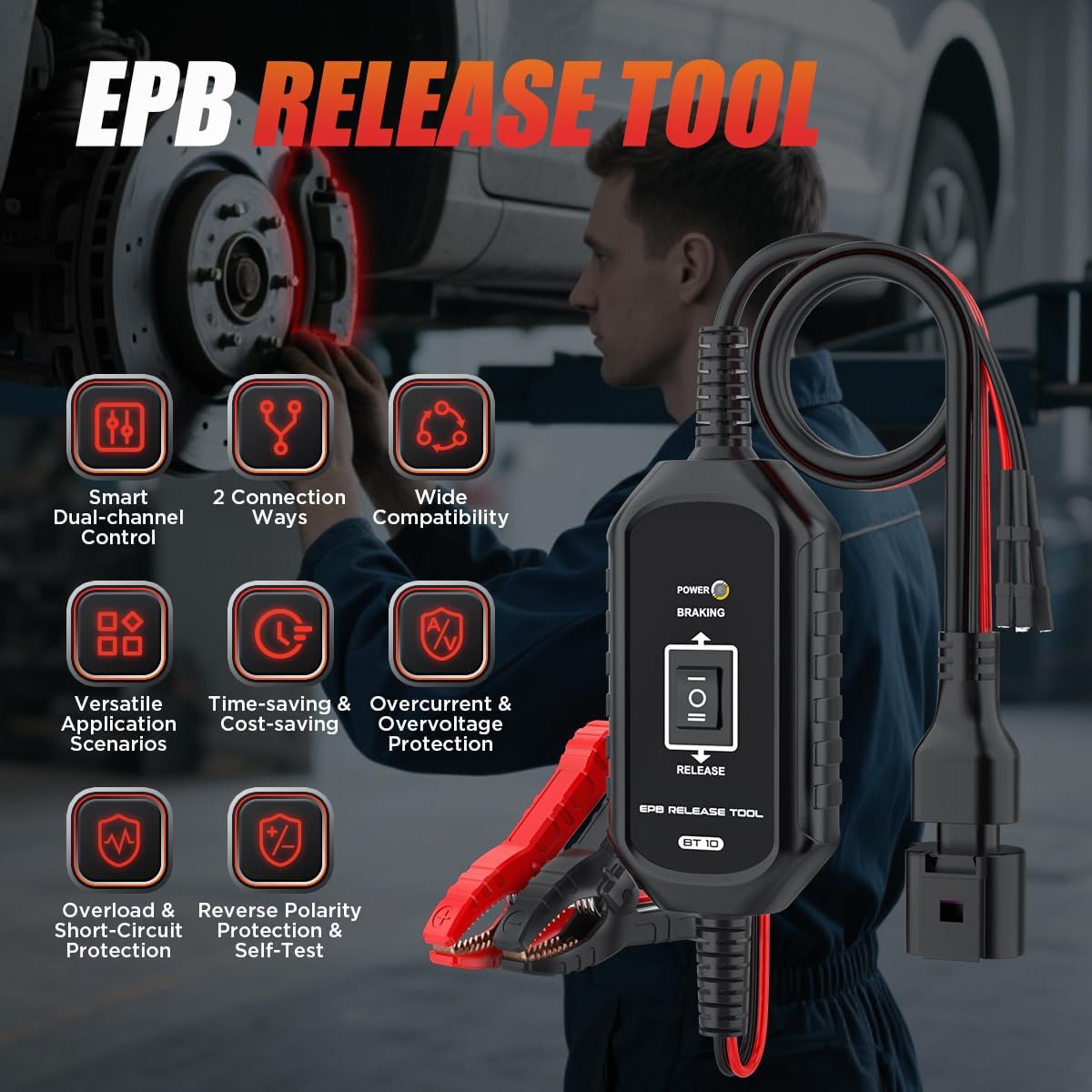 EPB Brake Release & Reset Tool 10V~14V DC Electronic Parking Brake Tools Emergency EPB Service Tool Overcurrent Protection Brake Caliper Tool with 2 Connect Ways&3 Fuse for Auto Repair,Car Road Rescue