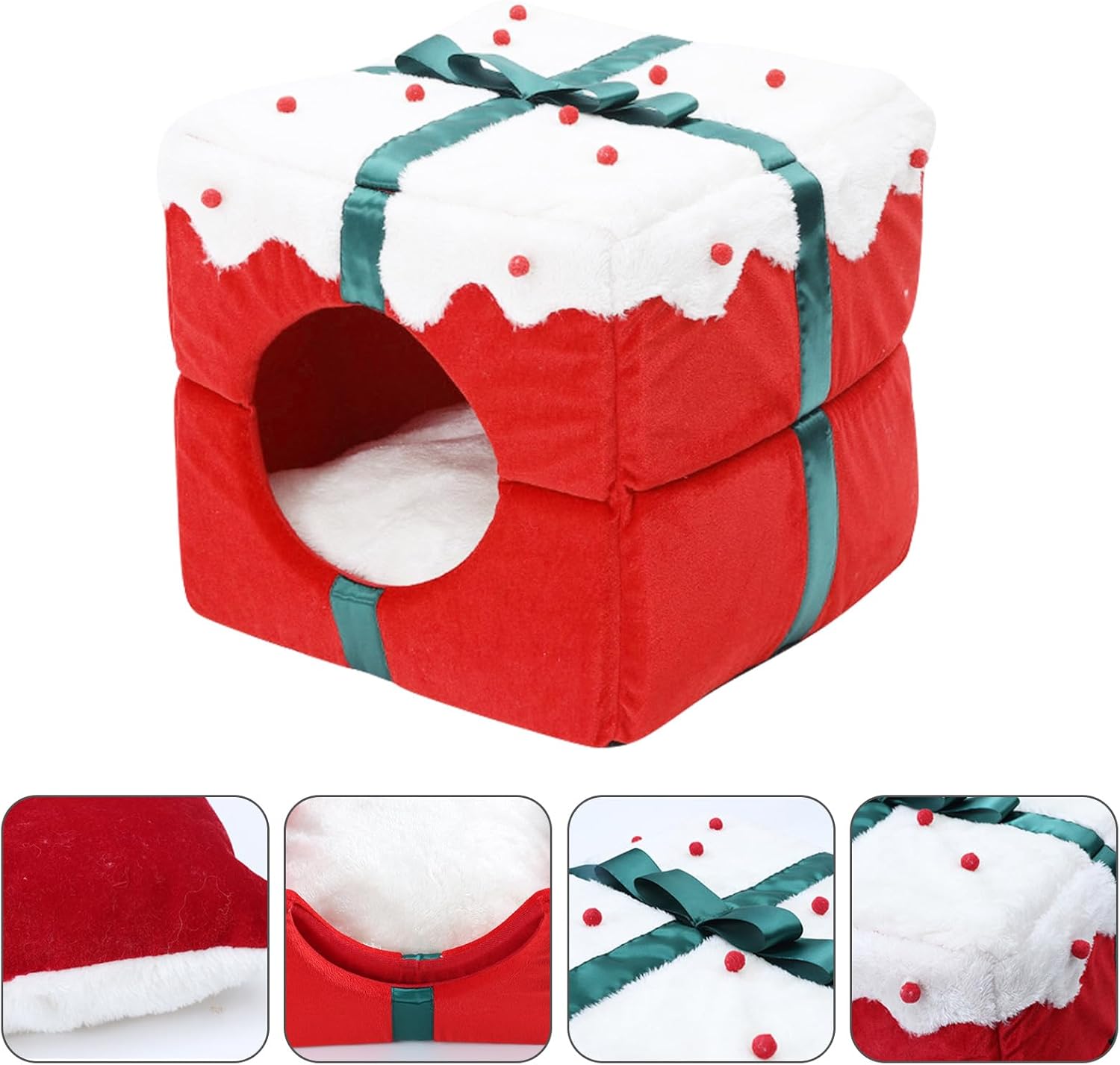 Christmas Cat House, Cat Beds for Indoor Cats, Collapsible Warm Cat Houses for, Fully Enclosed Winter Small Dog Kennel, for Kitten and Small Cat, Removeable Cat Cave with Non-Slip Bottom