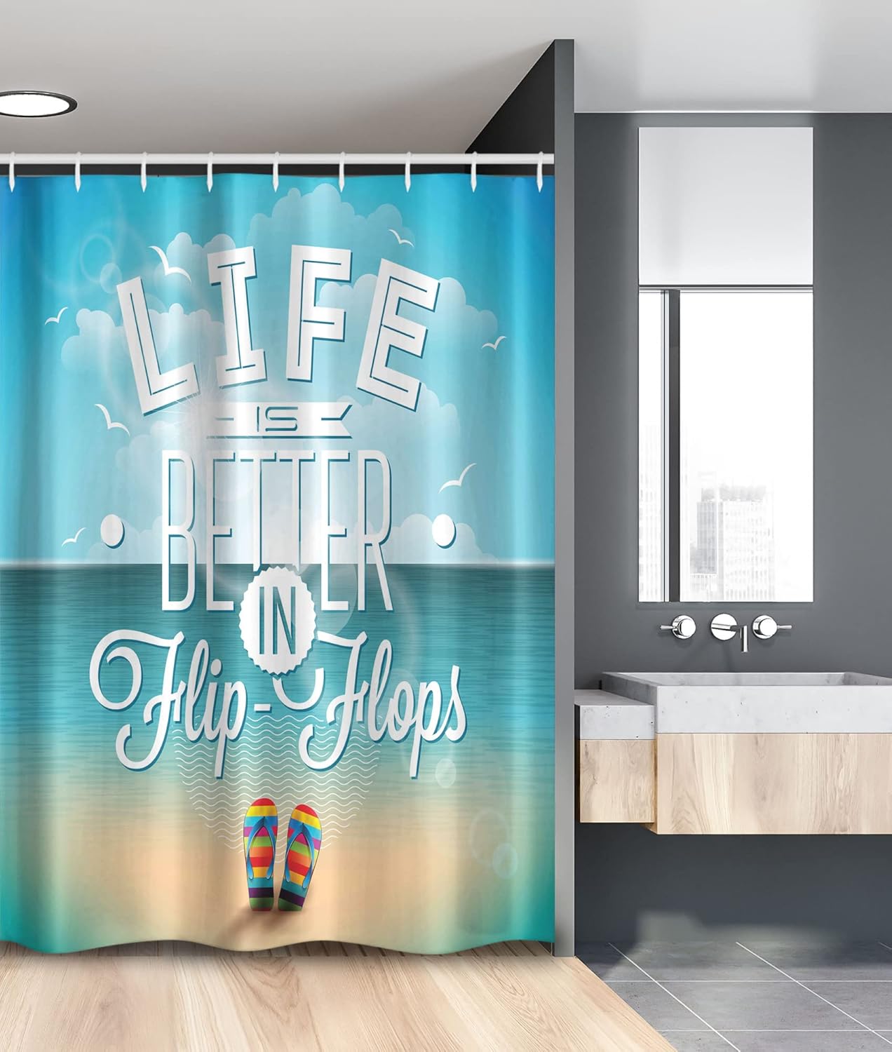 Ambesonne Saying Stall Shower Curtain, Life is Better in Flip-Flops Inspirational Phrase on a Seascape Hot Summer Print, Fabric Bathroom Decor Set with Hooks, 54" W x 78" L, White Blue