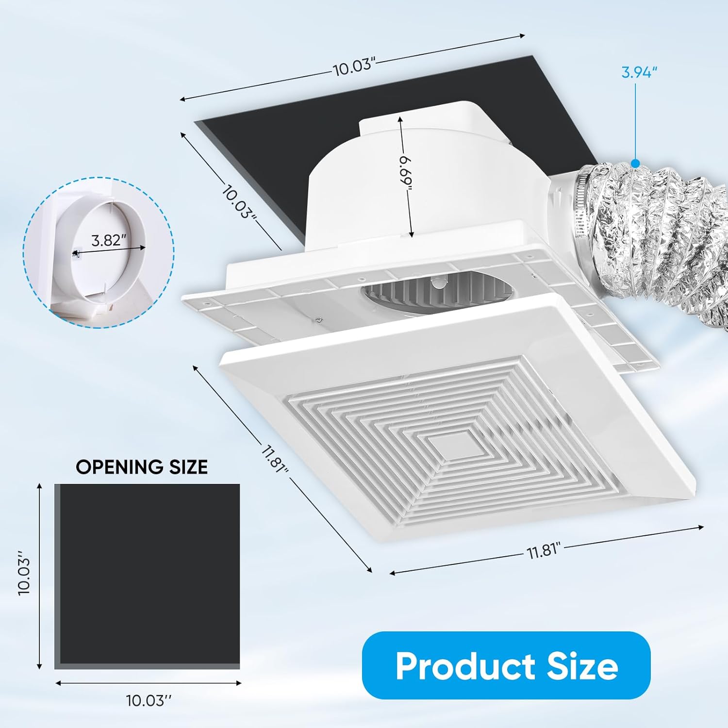 10 Inch Bathroom Exhaust Fan, 160 CFM 1.0 Sones Square Ultra Quiet Bathroom Vent Fan with DC Motor Full ABS Cover for 10.03" Ceiling Opening Mount Bath & Laundry, 110V-240V