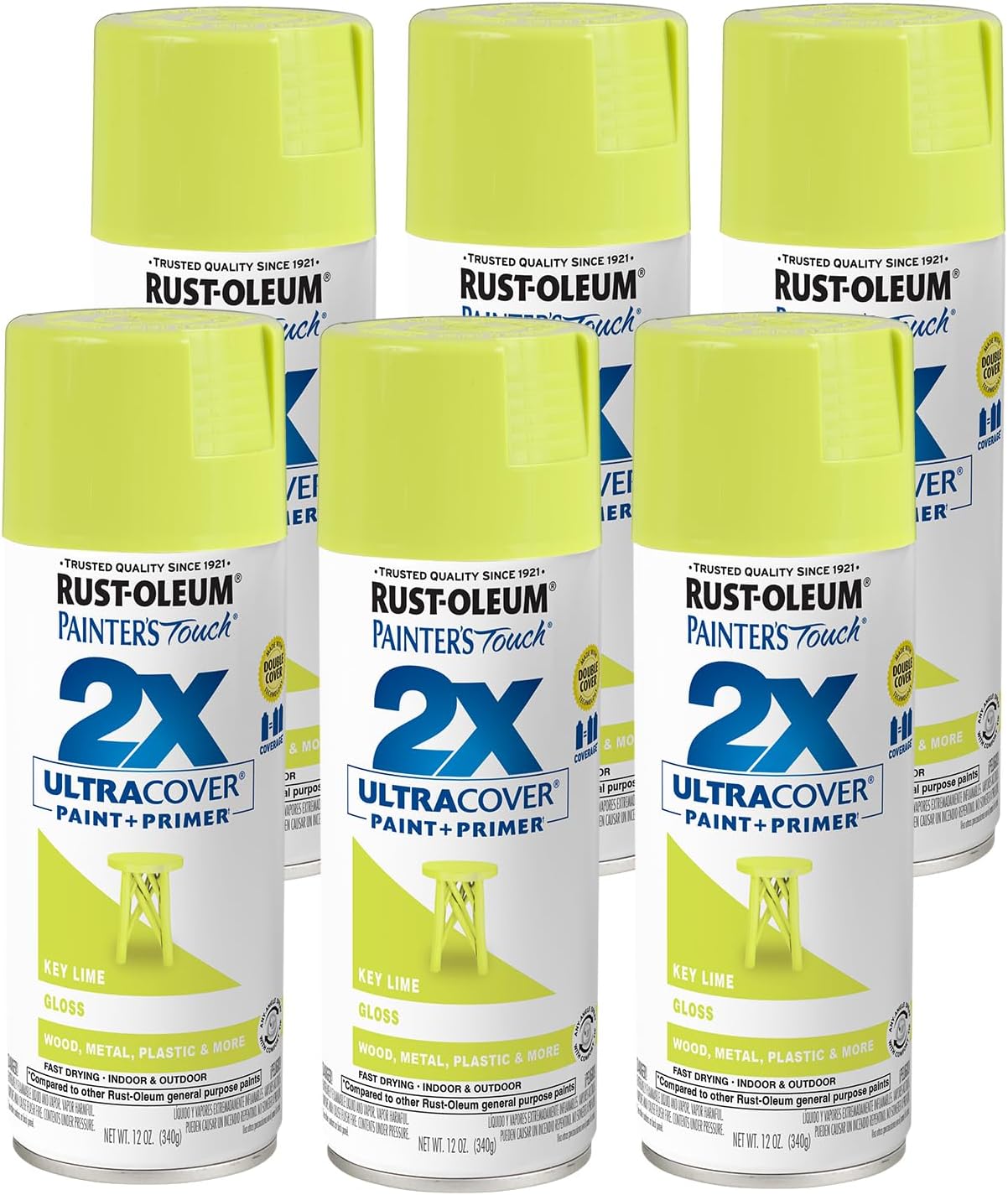 Rust-Oleum 249104-6PK Painter's Touch 2X Ultra Cover Spray Paint, 12 oz, Gloss Key Lime, 6 Pack