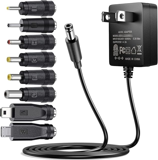 SoulBay 5V 2A Power Supply Adapter 10W AC100-240V to DC 5 Volt 2Amp Versatile Charger Cord with 8 Plugs for USB Hub TV Box Tablet Camera Speaker GPS Webcam Router and More 5vdc Electronics, 5FT