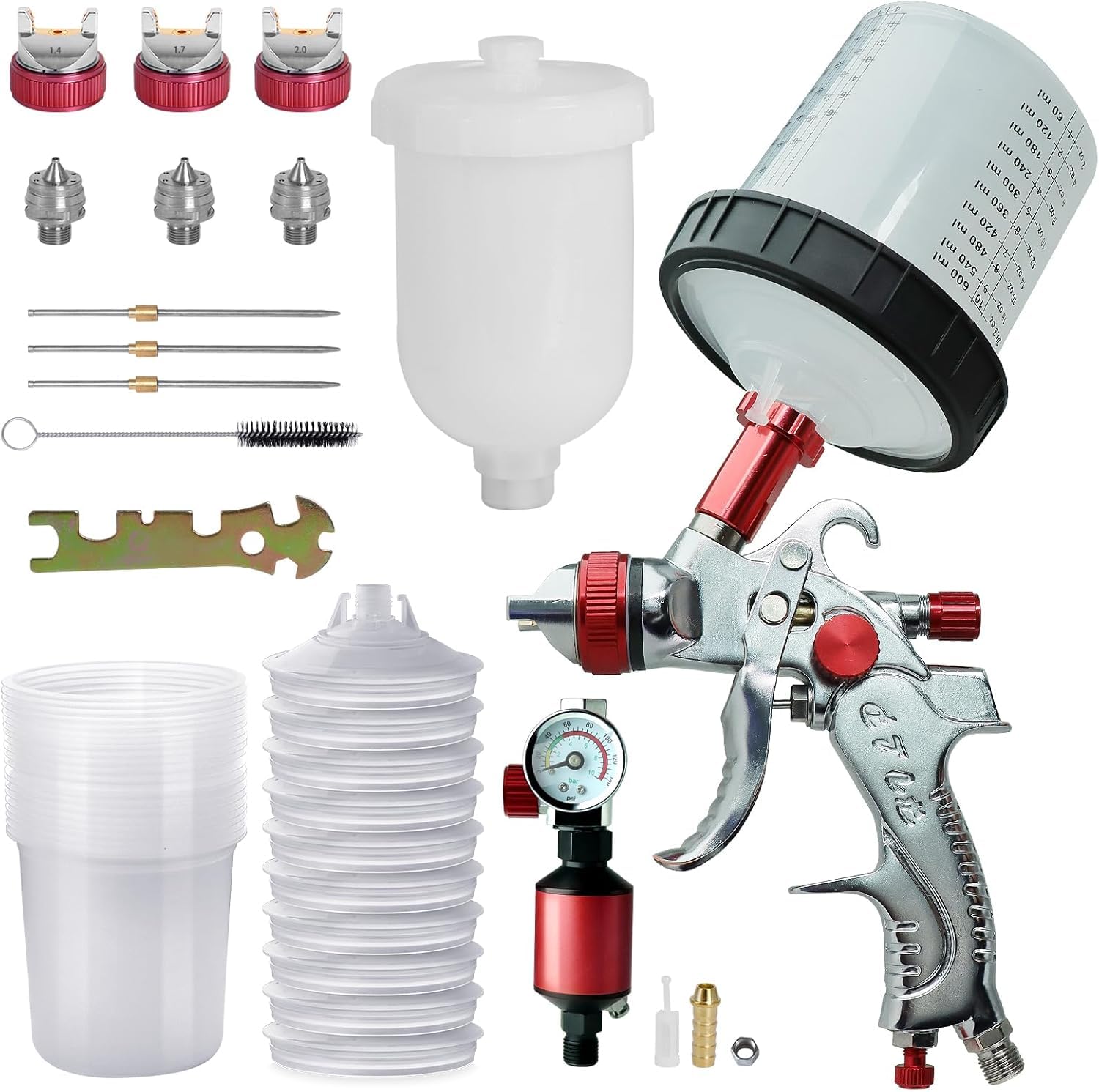HVLP Pistolet à Peinture Professionnel avec 3 Buses de 1,4 mm, 1,7 mm, 2,0 mm, avec gobelet en Plastique de 600 ML, 10 gobelets jetables de 600 ML, Pistolet (Rouge)