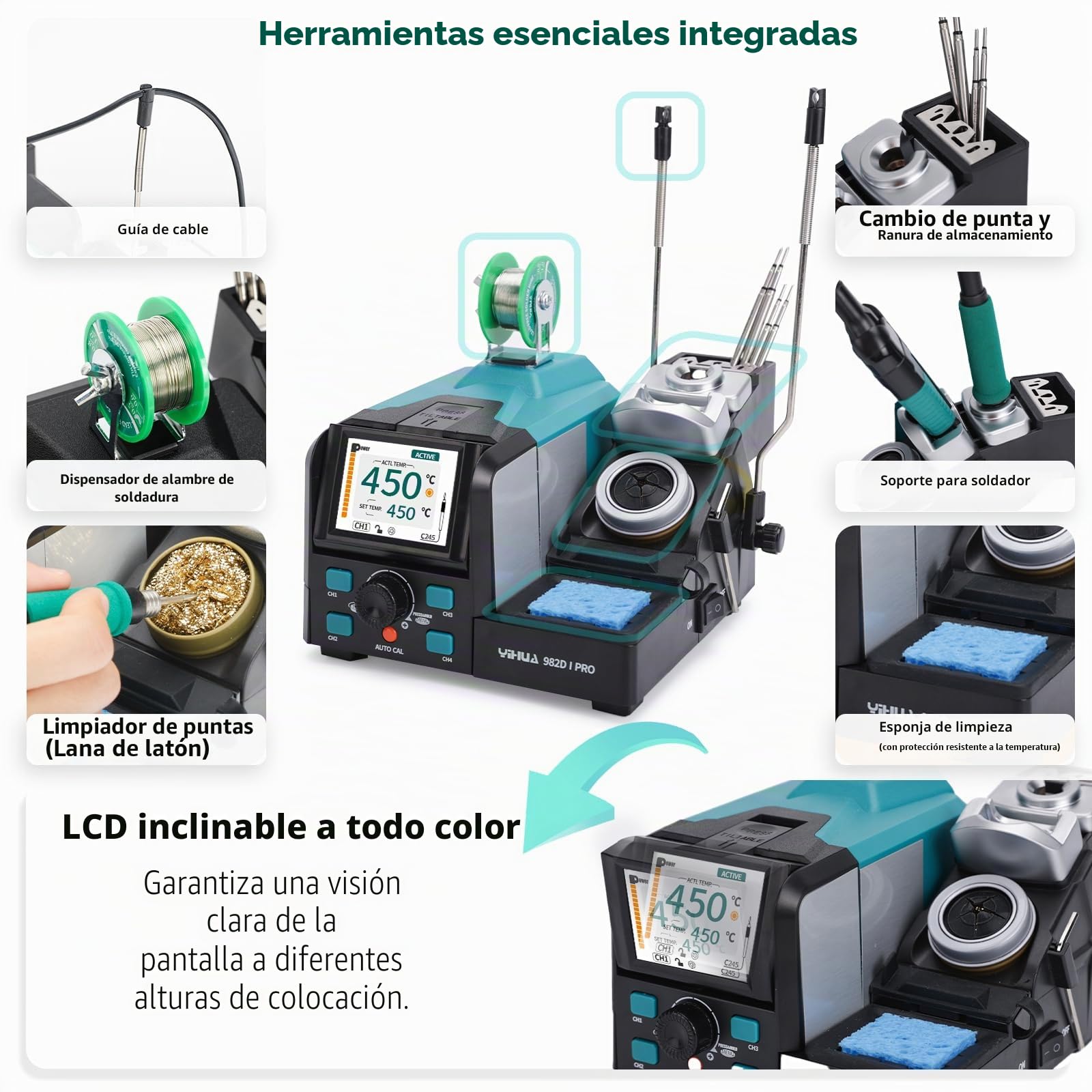 YIHUA 982D-I PRO 2 en 1 Estacion Soldadura de Pinzas Calientes de Hierro de Microsoldadura de Precisión con 10 Cartuchos de Punta,Auto Calibración Temperatura,4 Canales Preestablecidos(EU Plug)