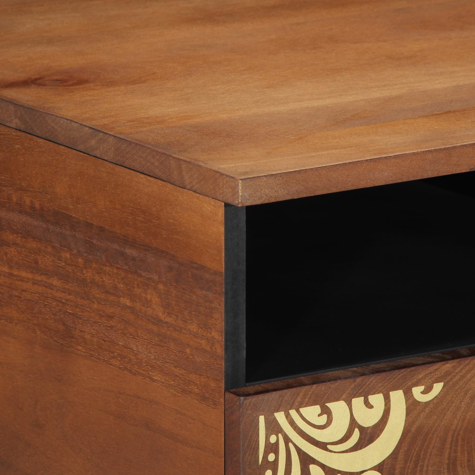 Mesa de centro de madera maciza de mango, 80 x 54 x 40 cm, con tres cajones, diseño moderno, con incrustaciones de flores, superficie marrón miel para salón, almacenamiento y estabilidad