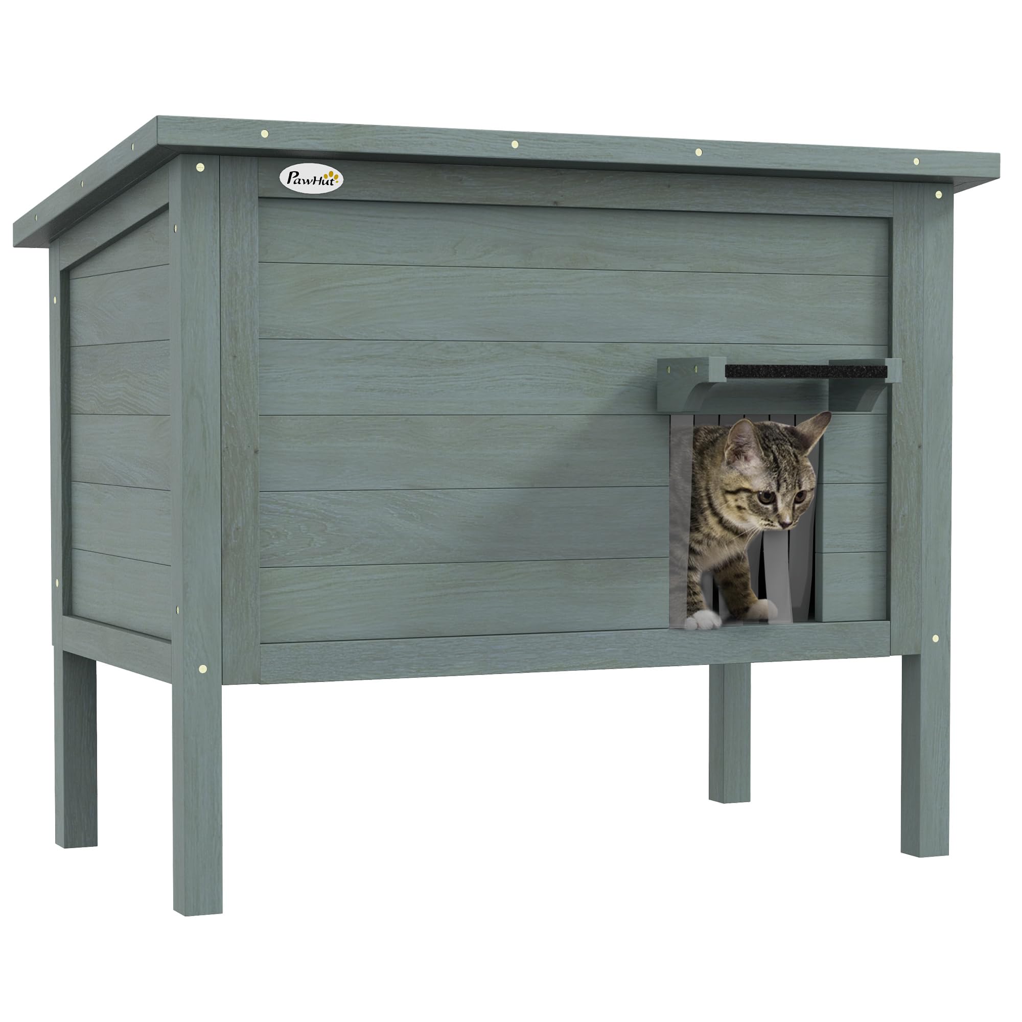 PawHut Maison pour Chats Niche d'extérieur en Bois surélevée avec Toit ouvrable, isolée avec Toit Asphalte, 85 x 50 x 68,5 cm, Gris foncé et Noir