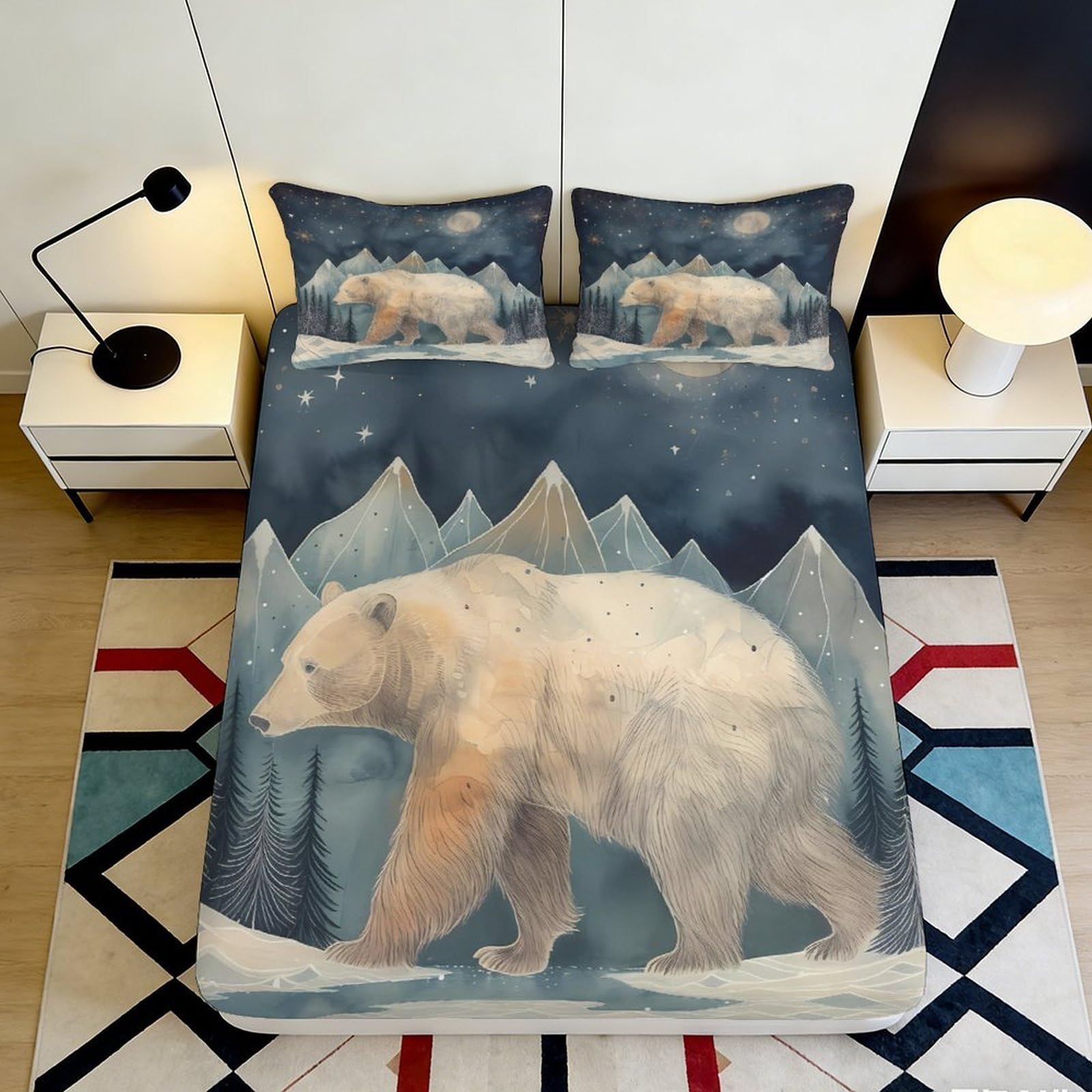 3D Printed Polar Bear Fitted Sheet Microfiber Elastic Hem Bedding, Polar Bear Mattress Fitted Cover Deep Pocket Washable for Bedroom 200x200x25cm 90x200x25cm