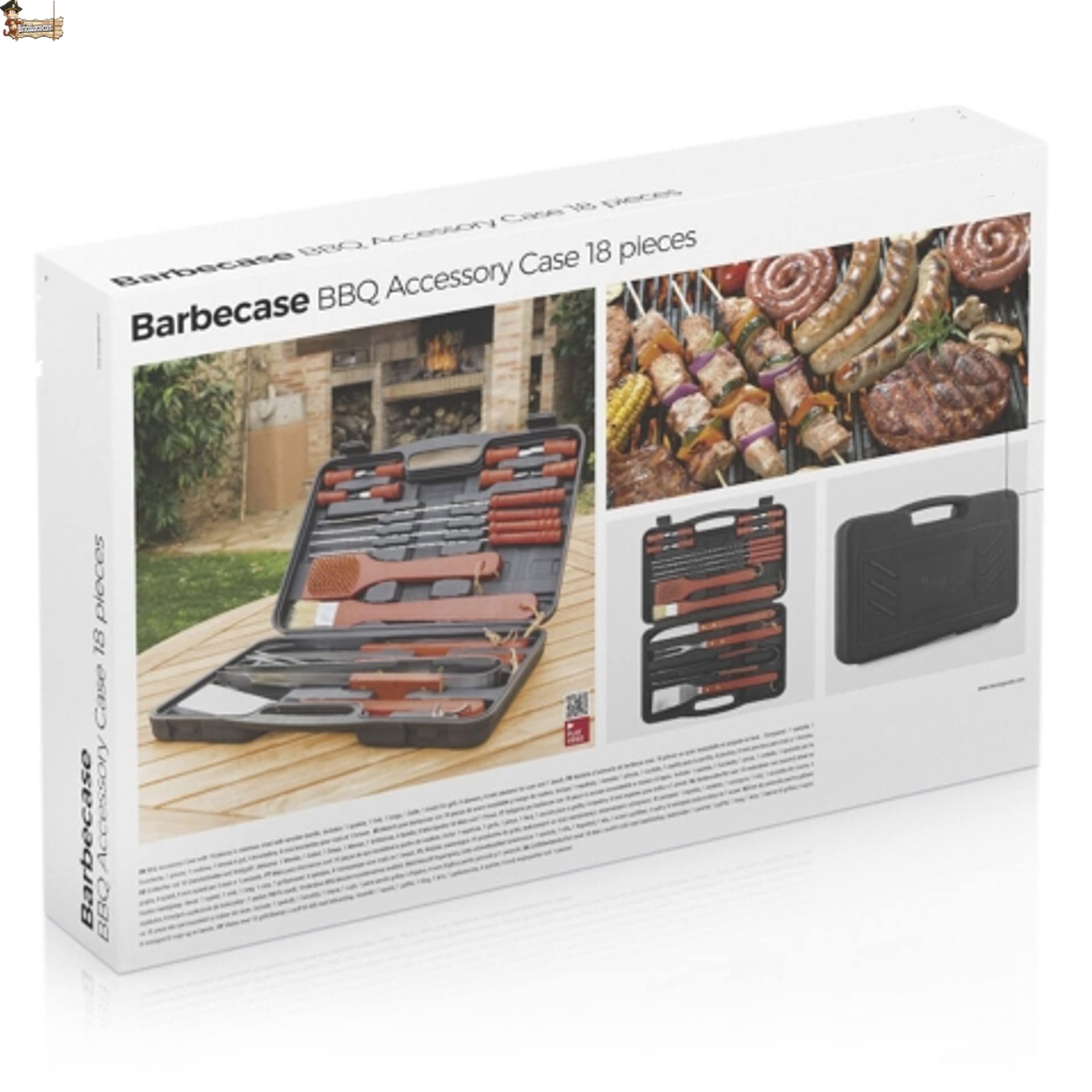 BricoLoco.com Kit Utensili Accessori Barbecue Set Barbecue in valigetta di 18 Utensili in Legno e Acciaio Inox Spazzola, Pinze, Forchetta, Coltello, Spiedino, Pennello e Spatola