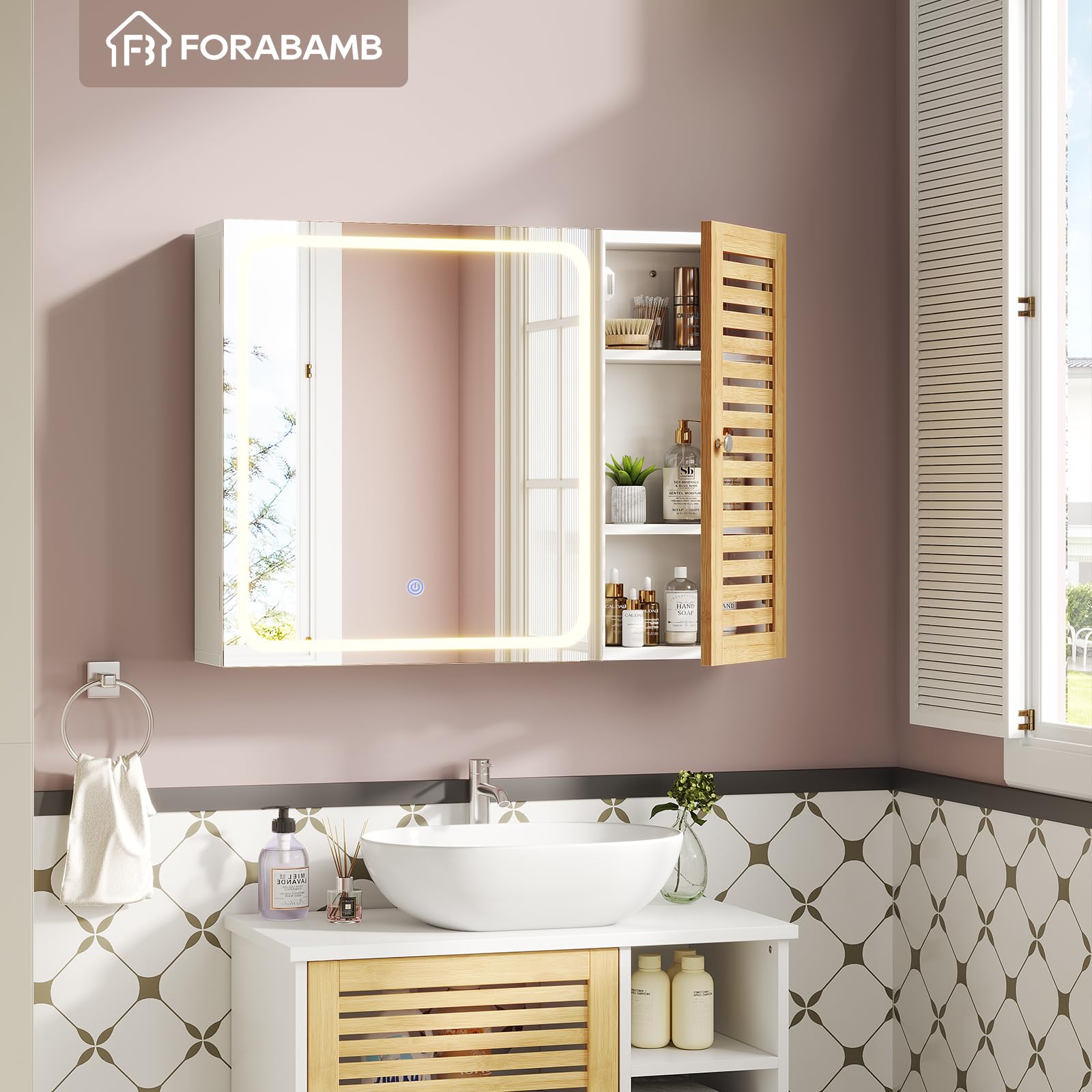 Specchio Bagno con 2 Ante, Specchiera Bagno con Illuminazione LED Dimmabile a 3 Temperature di Colore, Specchio Contenitore Bagno con 4 Ripiani Regolabili, 80×16×60 cm