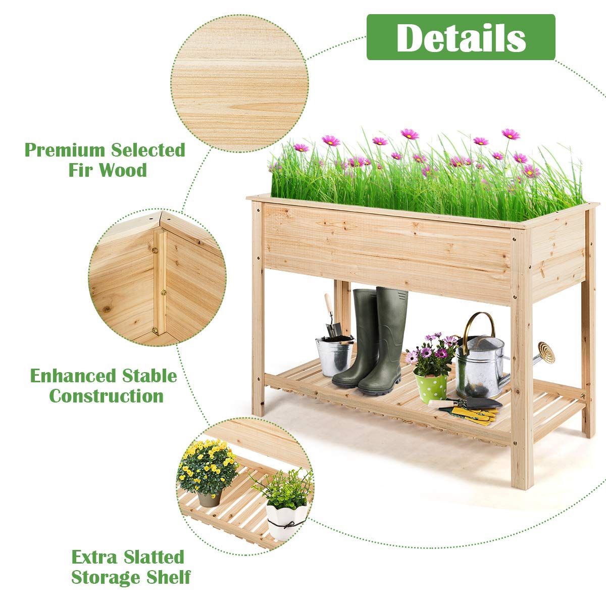 RELAX4LIFE Cama Elevada de Flores de Madera de Abeto con Estante, Huerto Urbano con Gran Superficie de Plantación para Verduras, Frutas y Hierbas, Mesa de Cultivo para Jardín, Balcón (92 x 41 x 81cm)