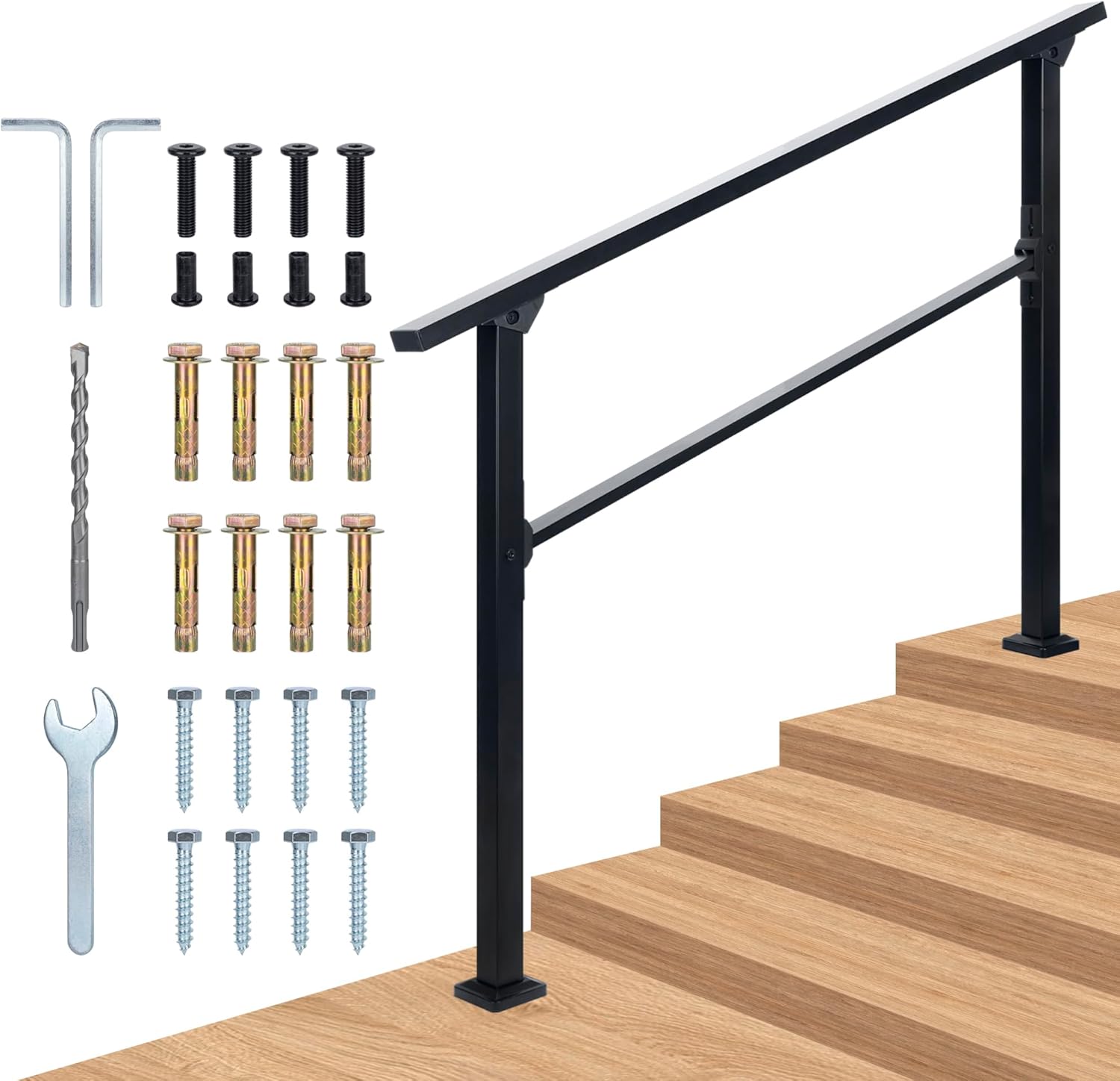 Handrails for Outdoor Steps Fit 4 to 5 Steps, Wrought Iron Stair Railings for Outdoor Concrete Steps with Installation Kit, Providing The Elderly with Extra Support, Black 5 Steps Black